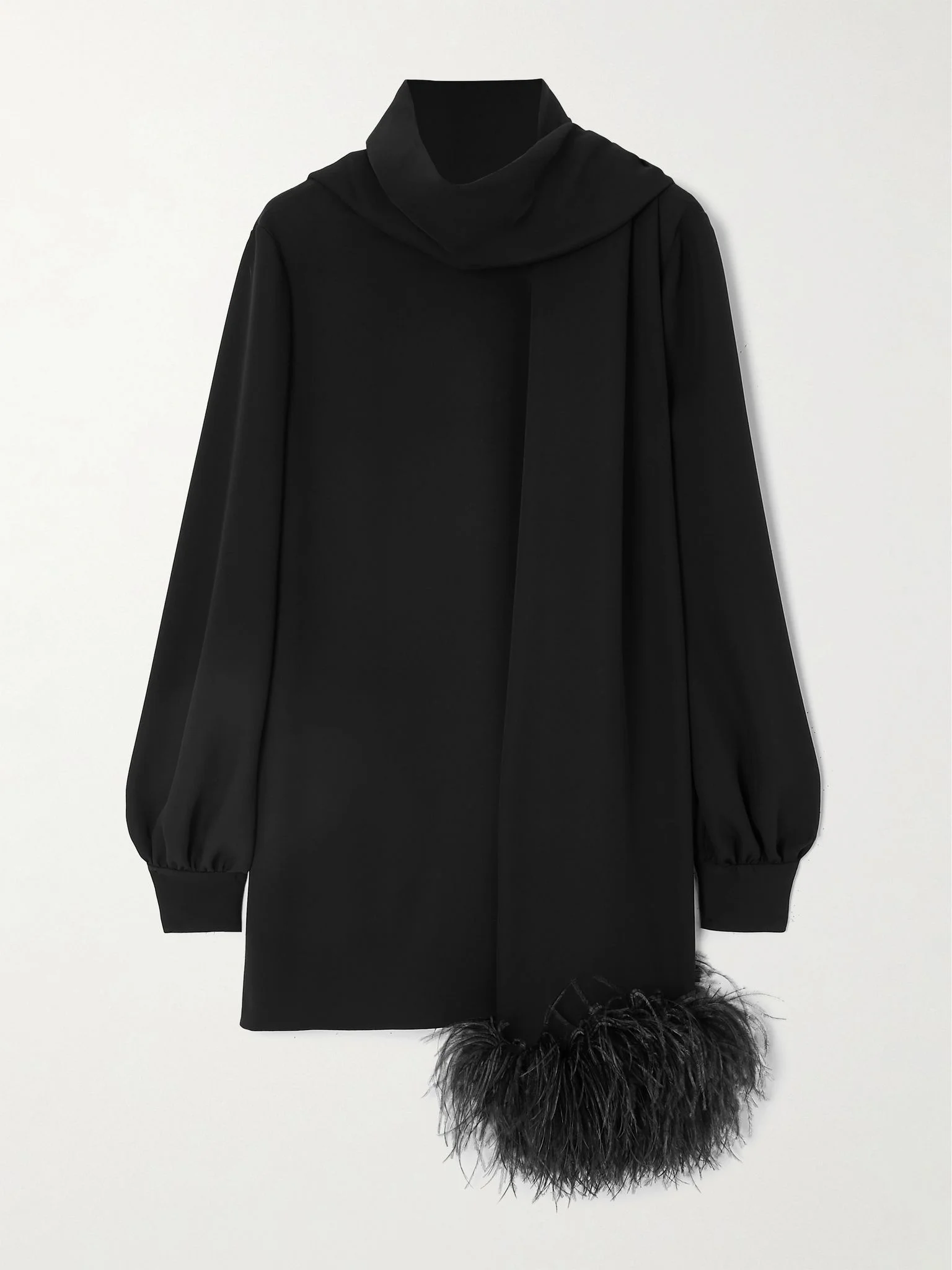 Feather-trimmed scarf-detailed silk crepe de chine blouse Black - 1