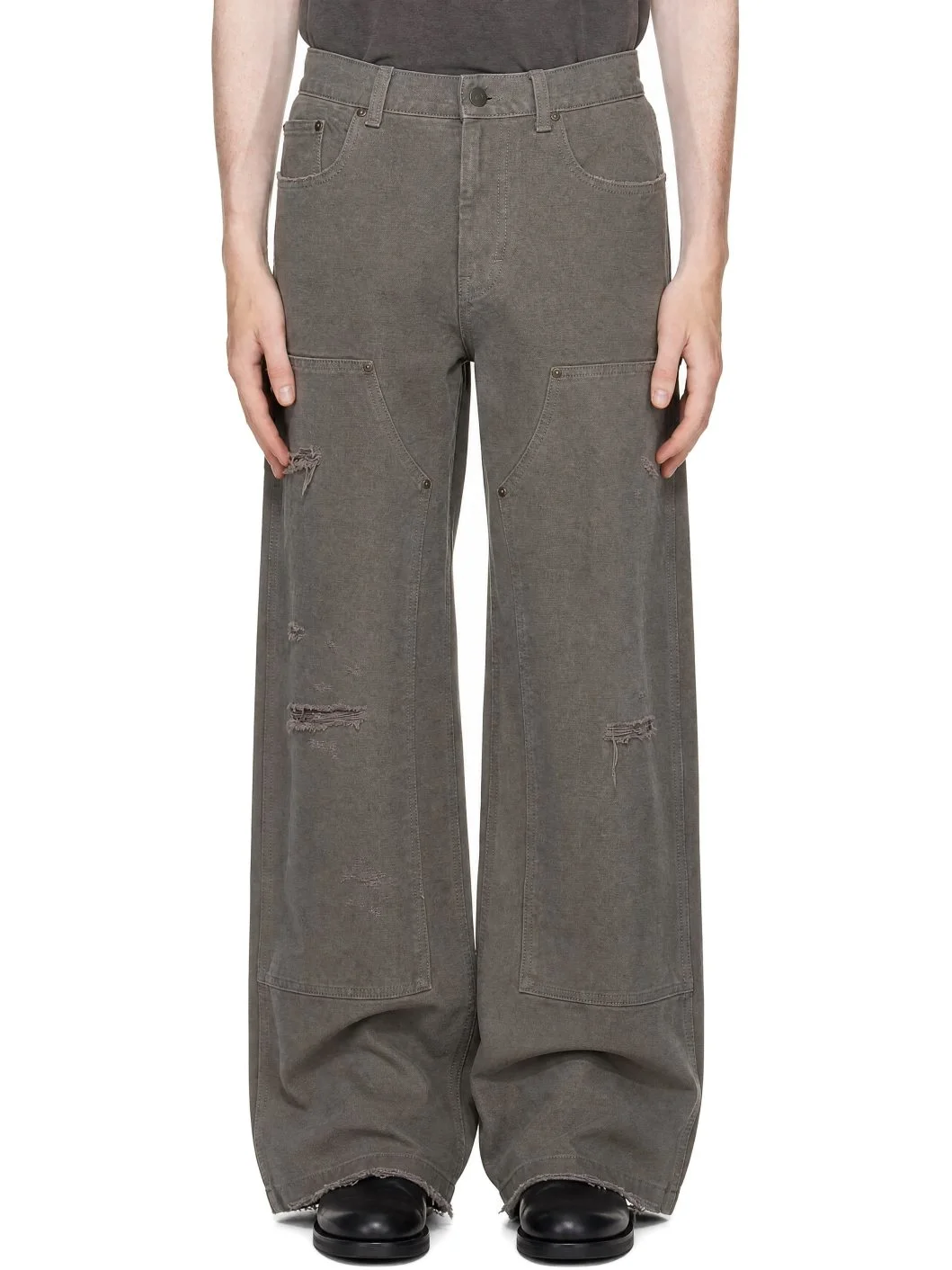 Gray Grain Canvas Distressed Work Pants - 1
