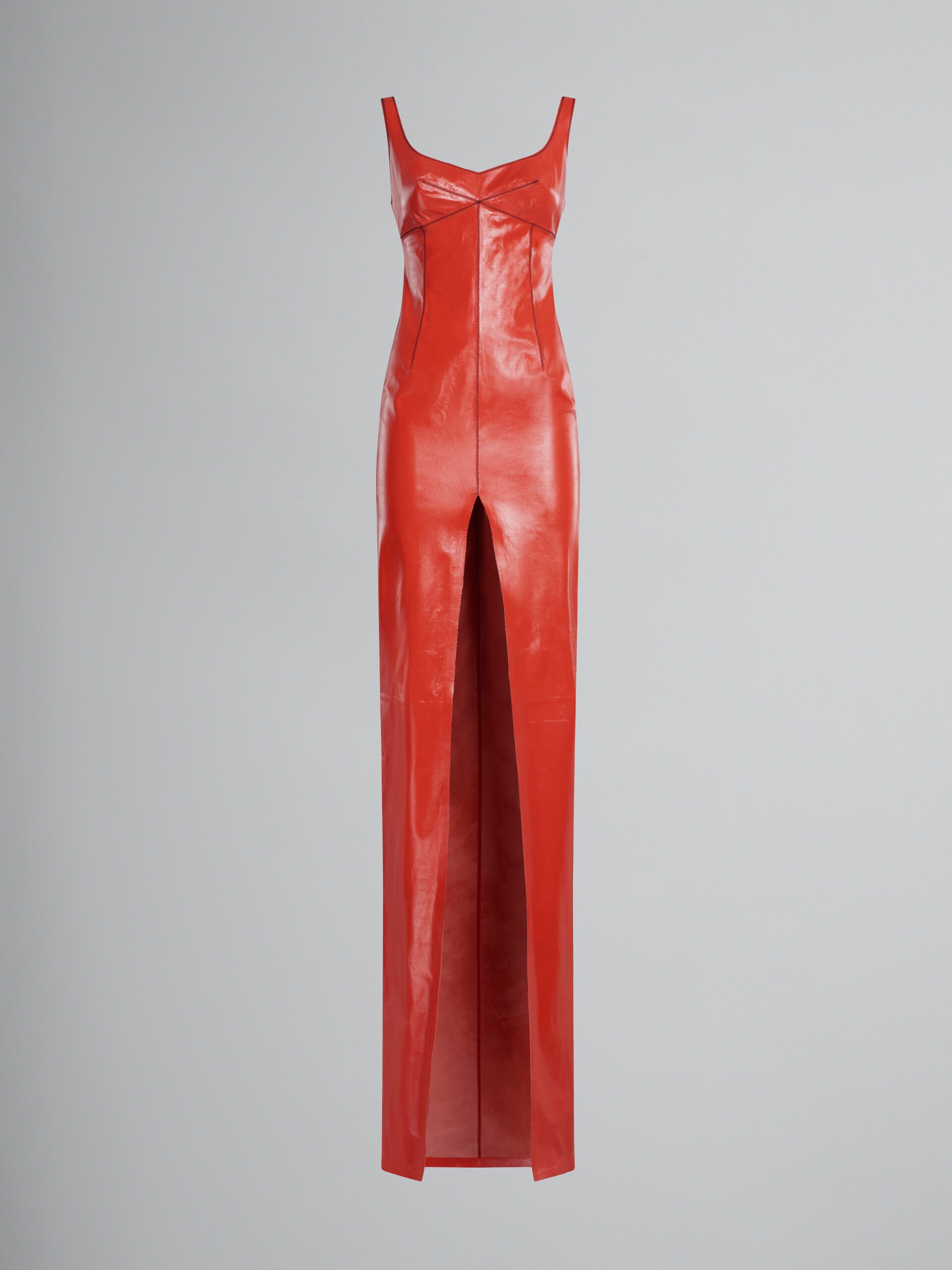 RED LEATHER MAXI DRESS WITH SPLIT - 1