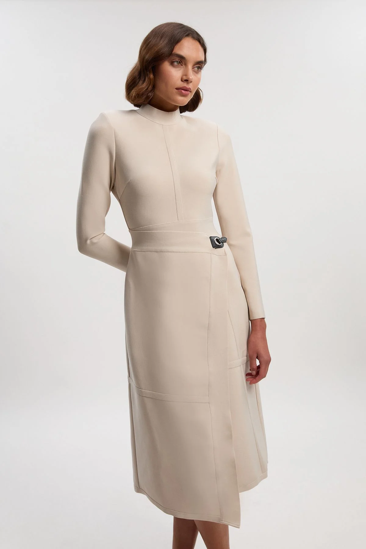 Petite Figure Form Bandage Asymmetric Long Sleeve Knit Midi Dress - 1