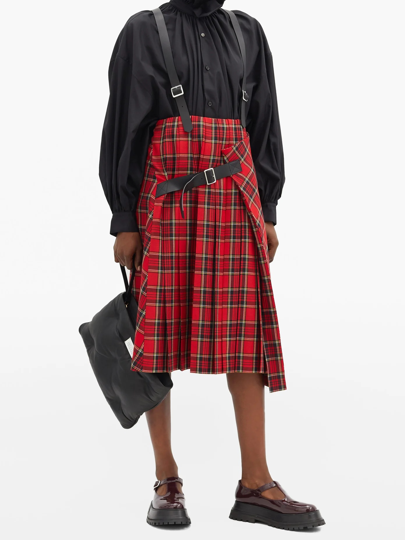 Crossover-braces pleated tartan wool-blend skirt - 2