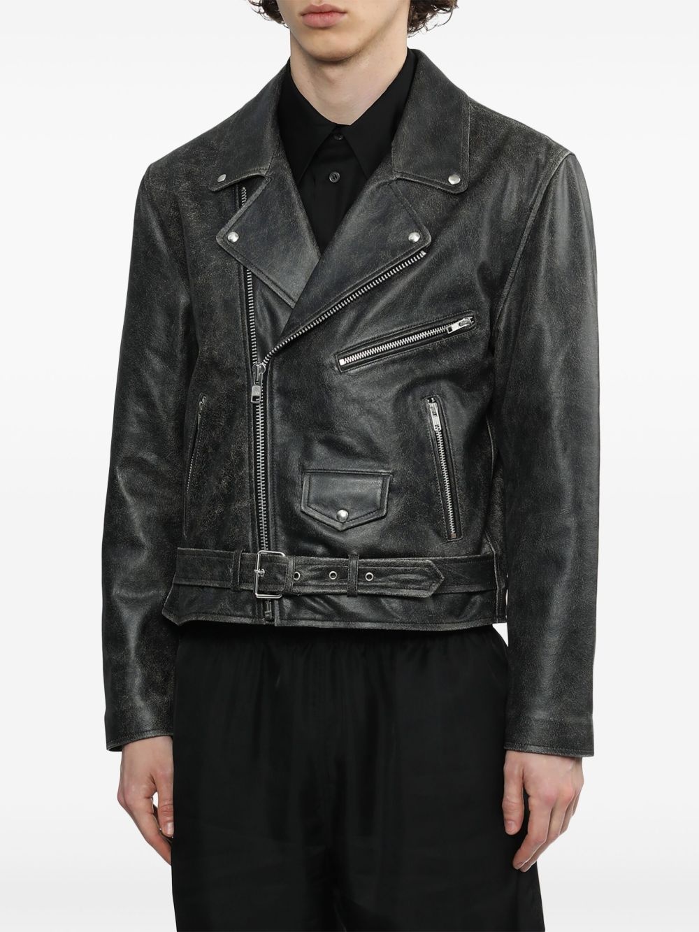 faded leather biker jacket - 3