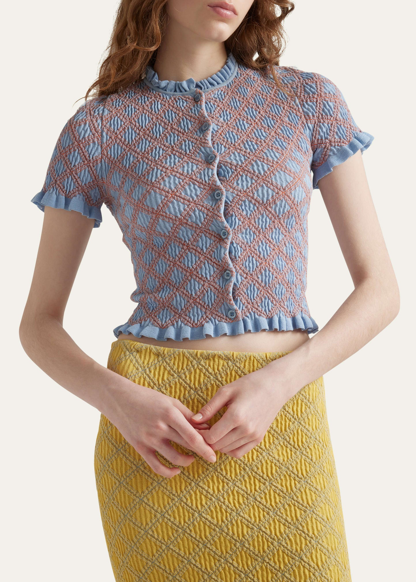 Smocked Knit Diamond-Embroidered Top - 4