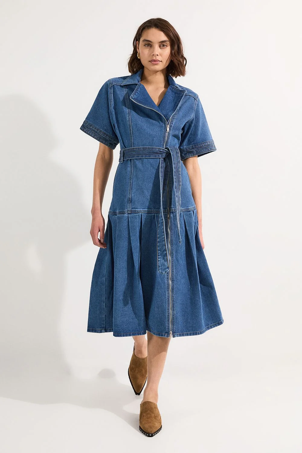 Denim Pleated Hem Biker Dress - 1