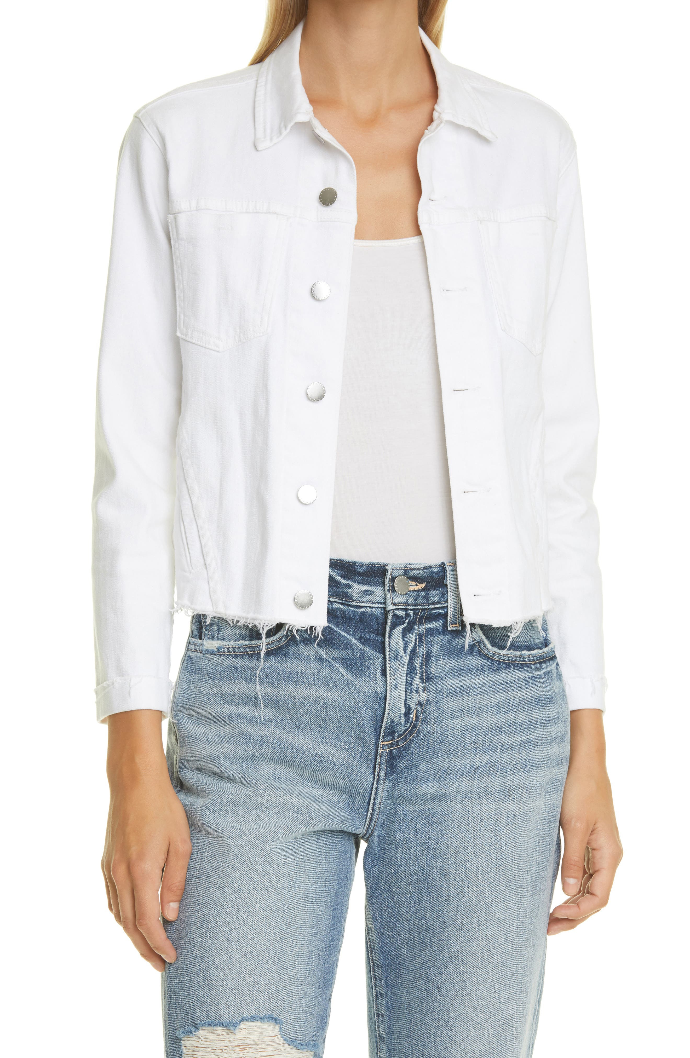 L'AGENCE Janelle Raw Cut Slim Denim Jacket in Blanc at Nordstrom - 1