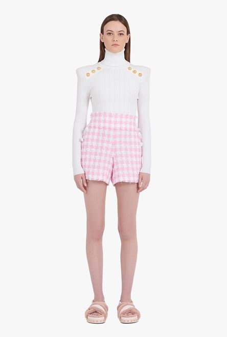 High-waisted white and pale pink tartan tweed shorts - 4
