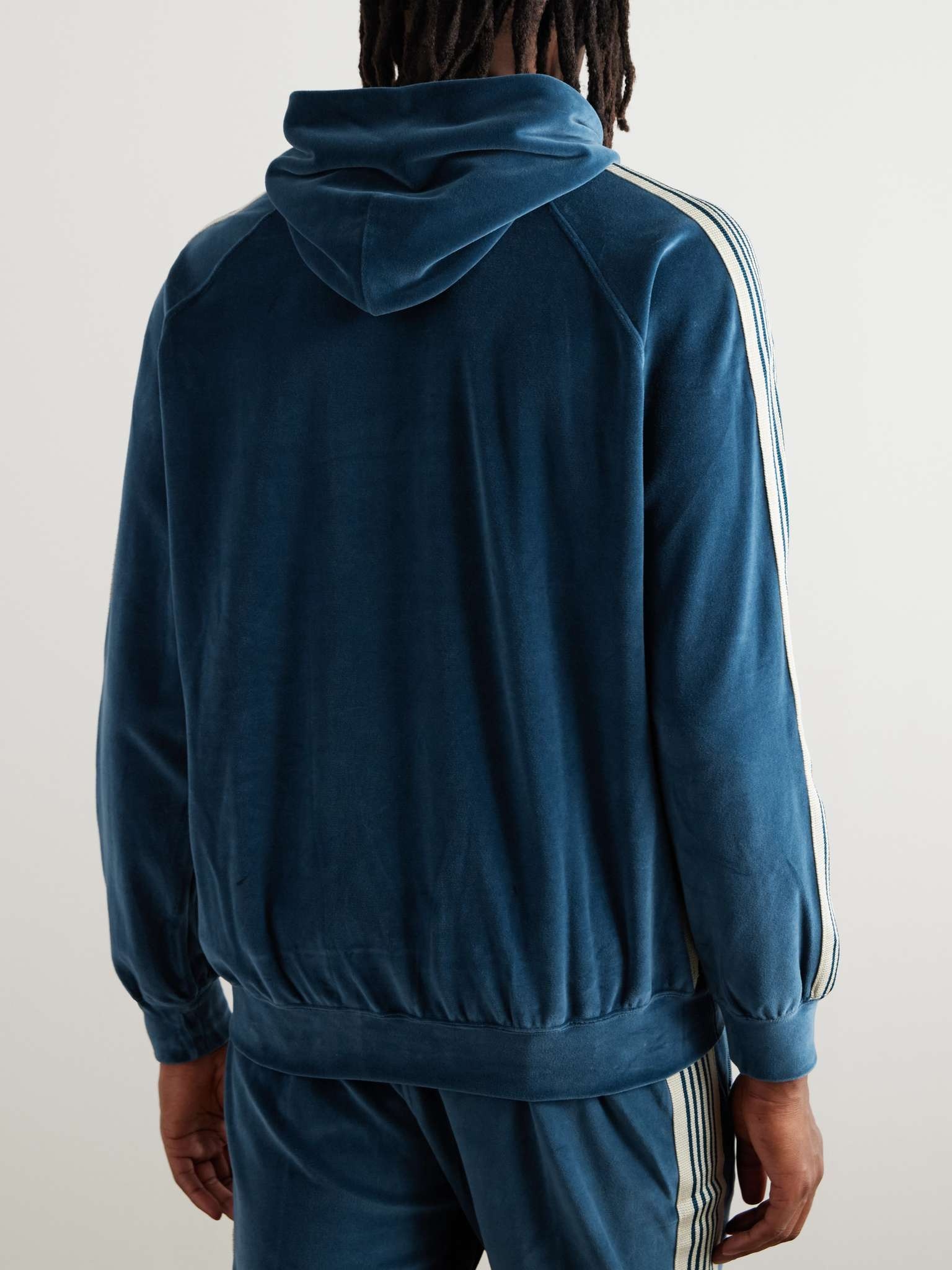 Webbing-Trimmed Logo-Embroidered Cotton-Blend Velour Hoodie - 3