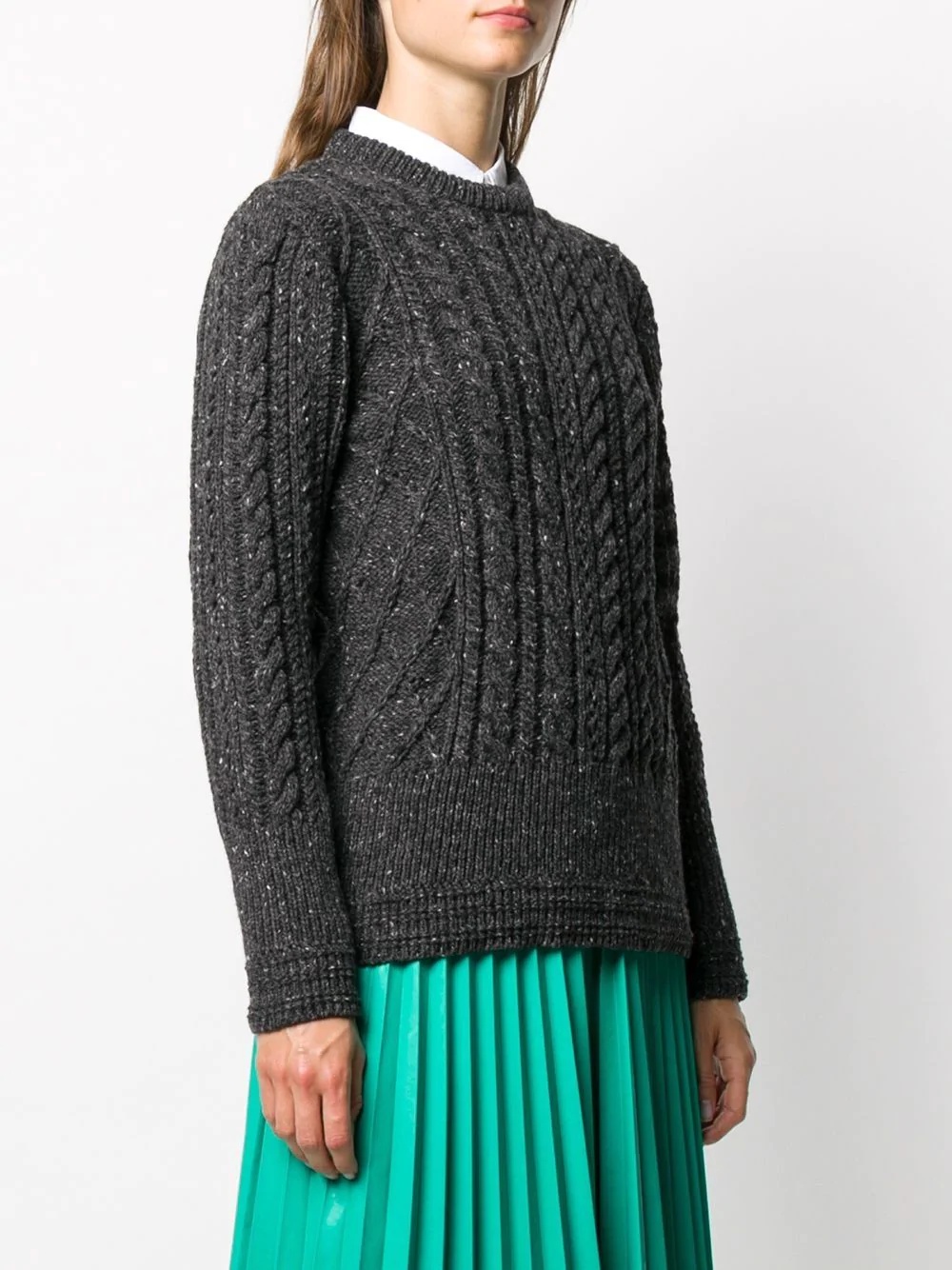 ARAN CABLE RELAXED FIT CREWNECK PULLOVER W/ 4 BAR IN MOHAIR TWEED - 3