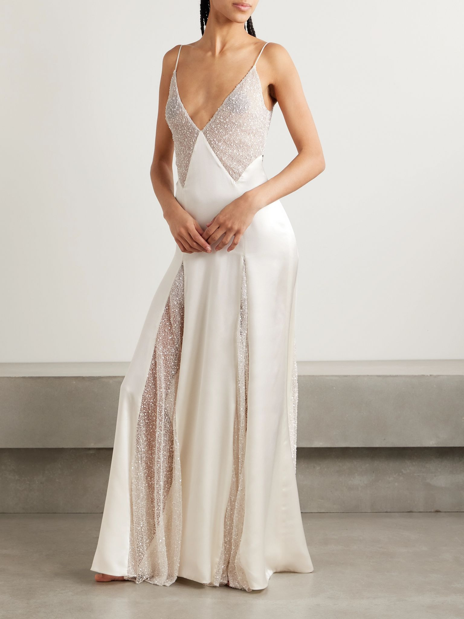 Ange paneled embellished Leavers lace and satin gown Ivory - 2