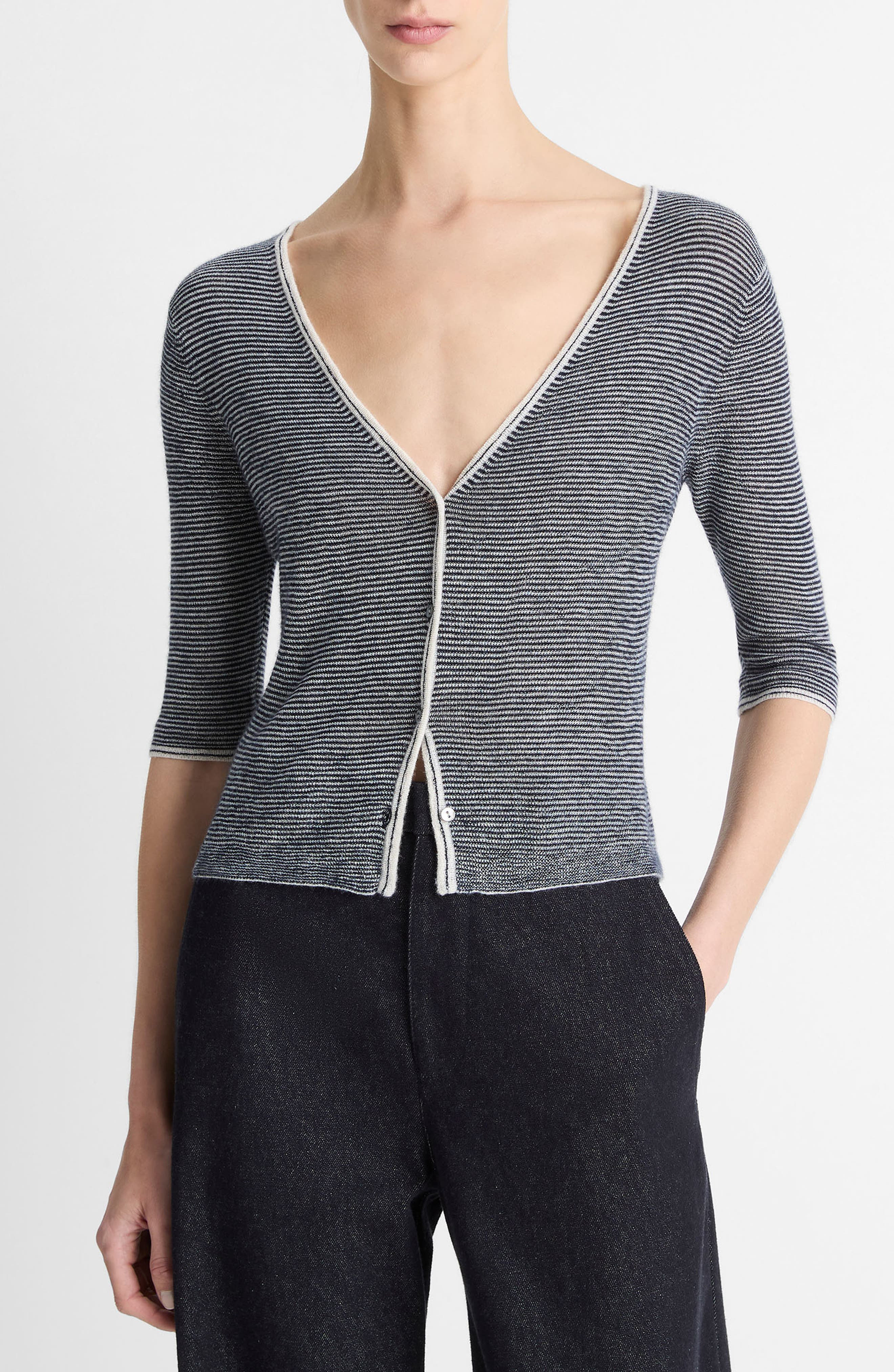 Vince Microstripe V-Neck Cashmere & Silk Cardigan in Off White/Coastal at Nordstrom - 1