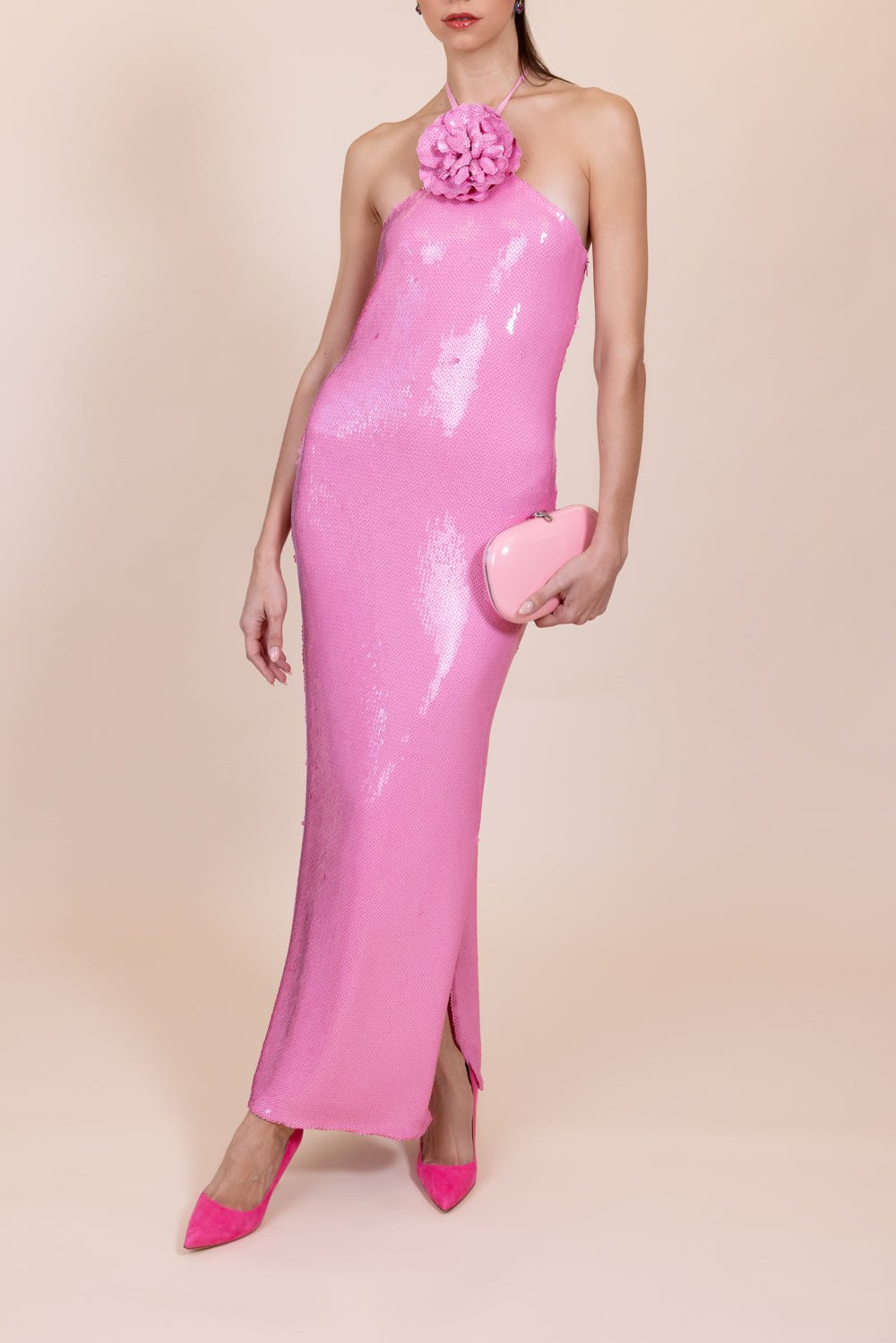 Flower Detail Sequin Halter Gown - 4