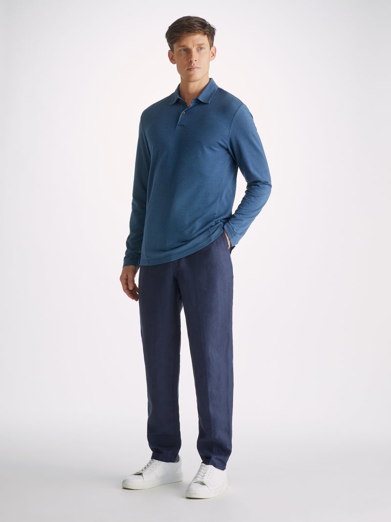 Men's Long Sleeve Polo Shirt Ramsay Pique Cotton Tencel Denim - 3