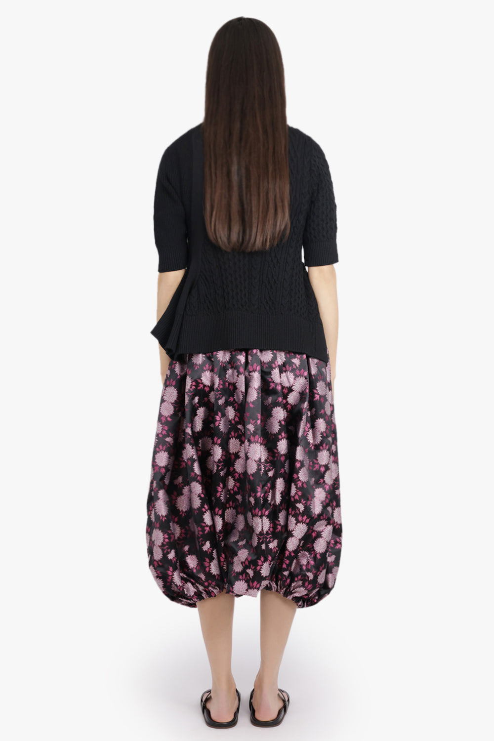 FLORAL PRINT ELASTIC WAIST DROP CROTCH CROP PANT | BLACK/PINK - 5