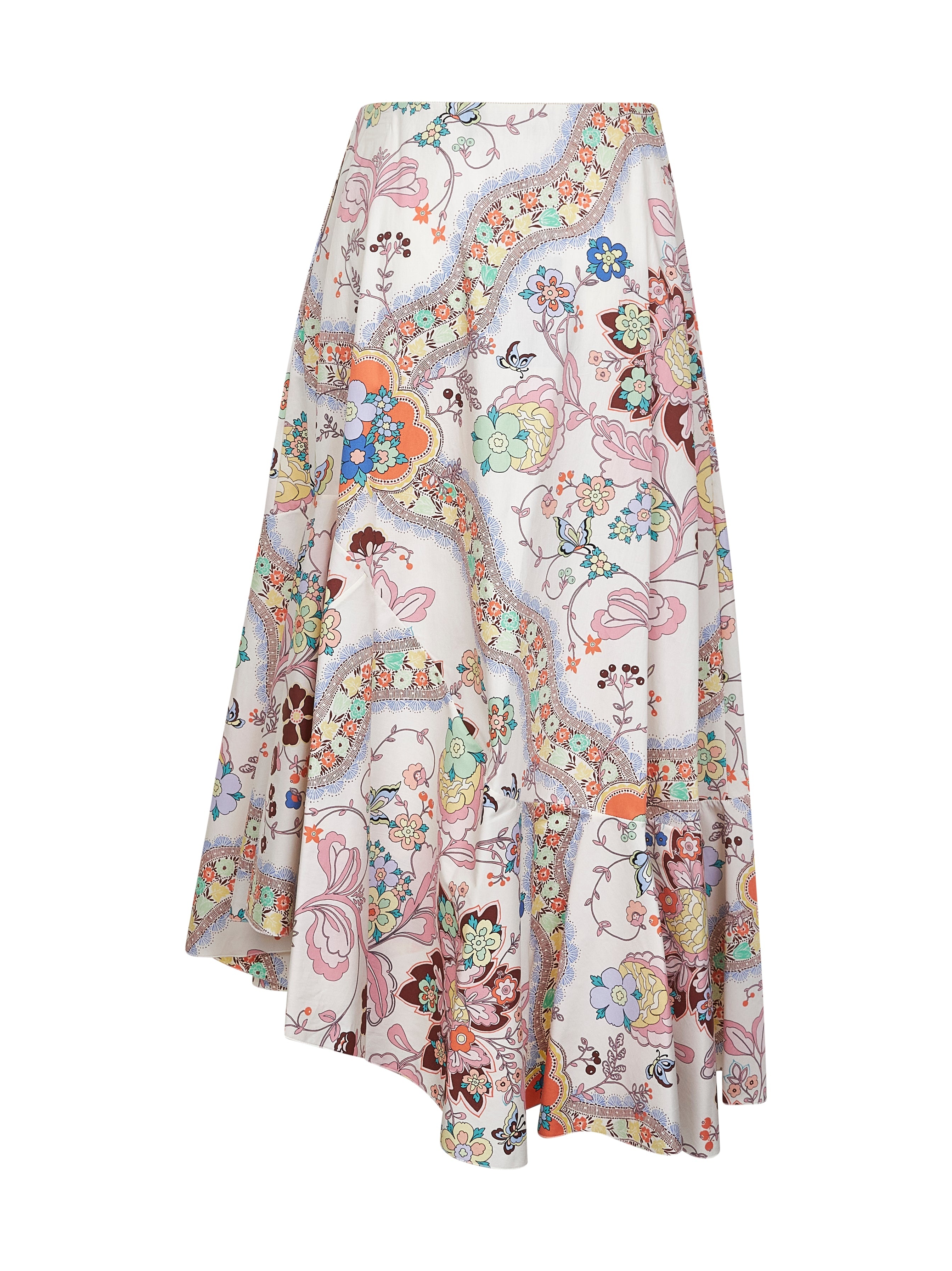 Floral and butterfly print cotton asymmetric midi skirt - 2