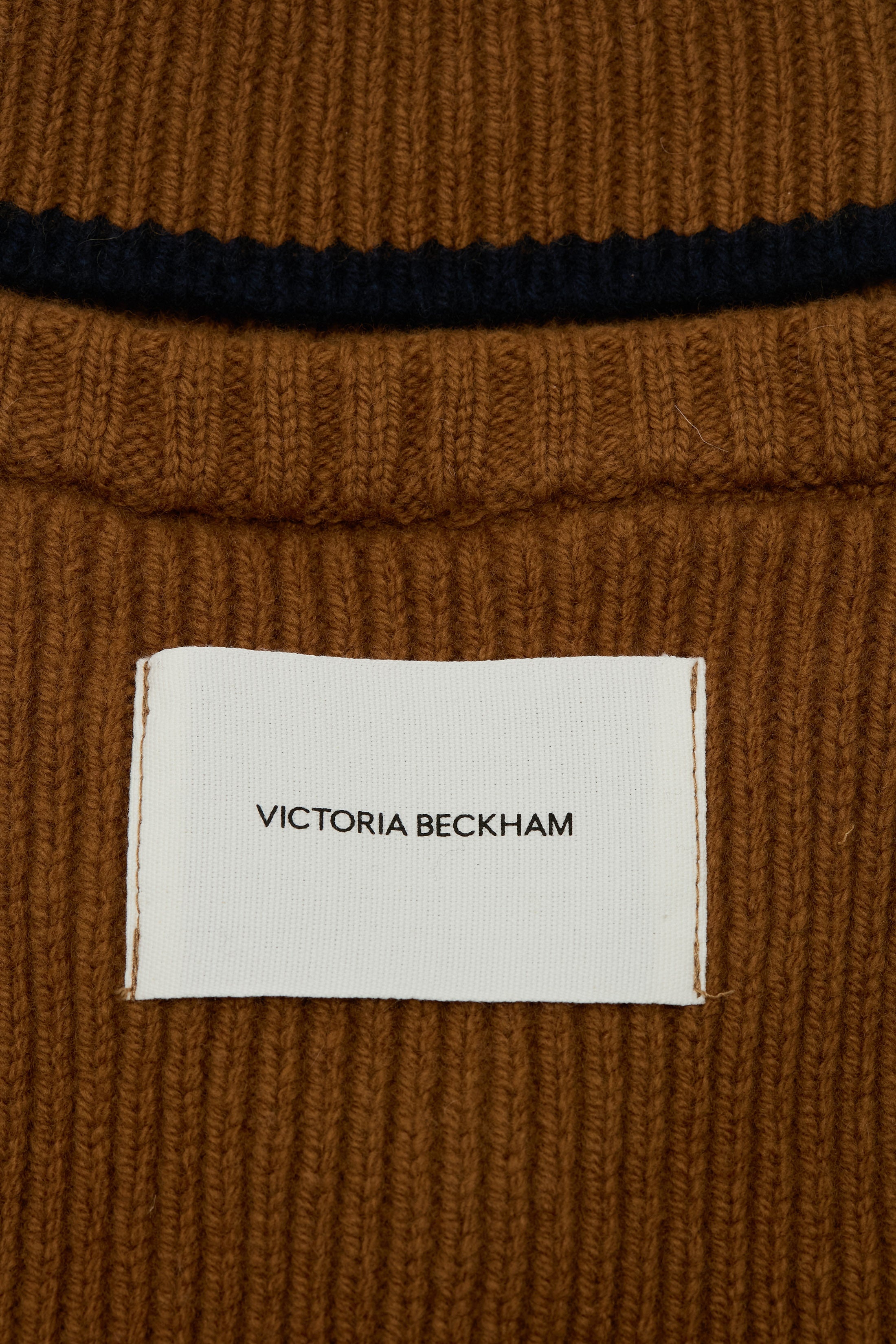 Knitted Polo Neck Bib In Camel-Navy - 3