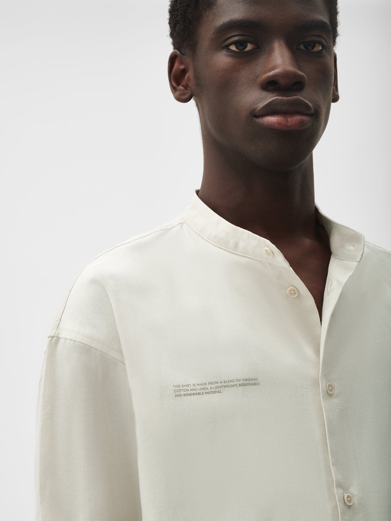 Mens Organic Cotton Linen Mandarin Collar Long-Sleeve Shirt - Limestone - 3