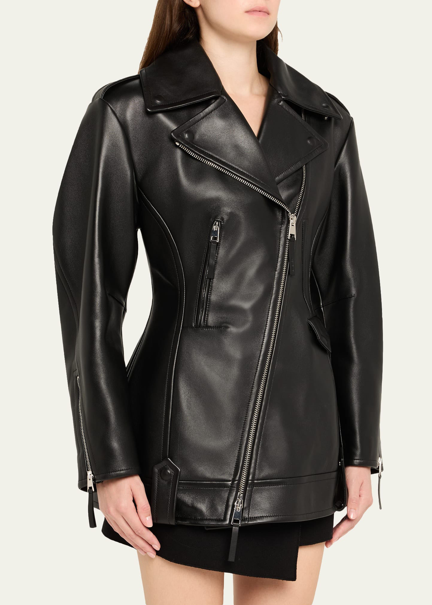 Leather Cocoon Waisted Biker Jacket - 4