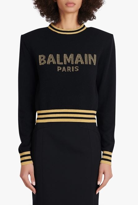 Cropped black wool sweatshirt with gold Balmain logo - 5