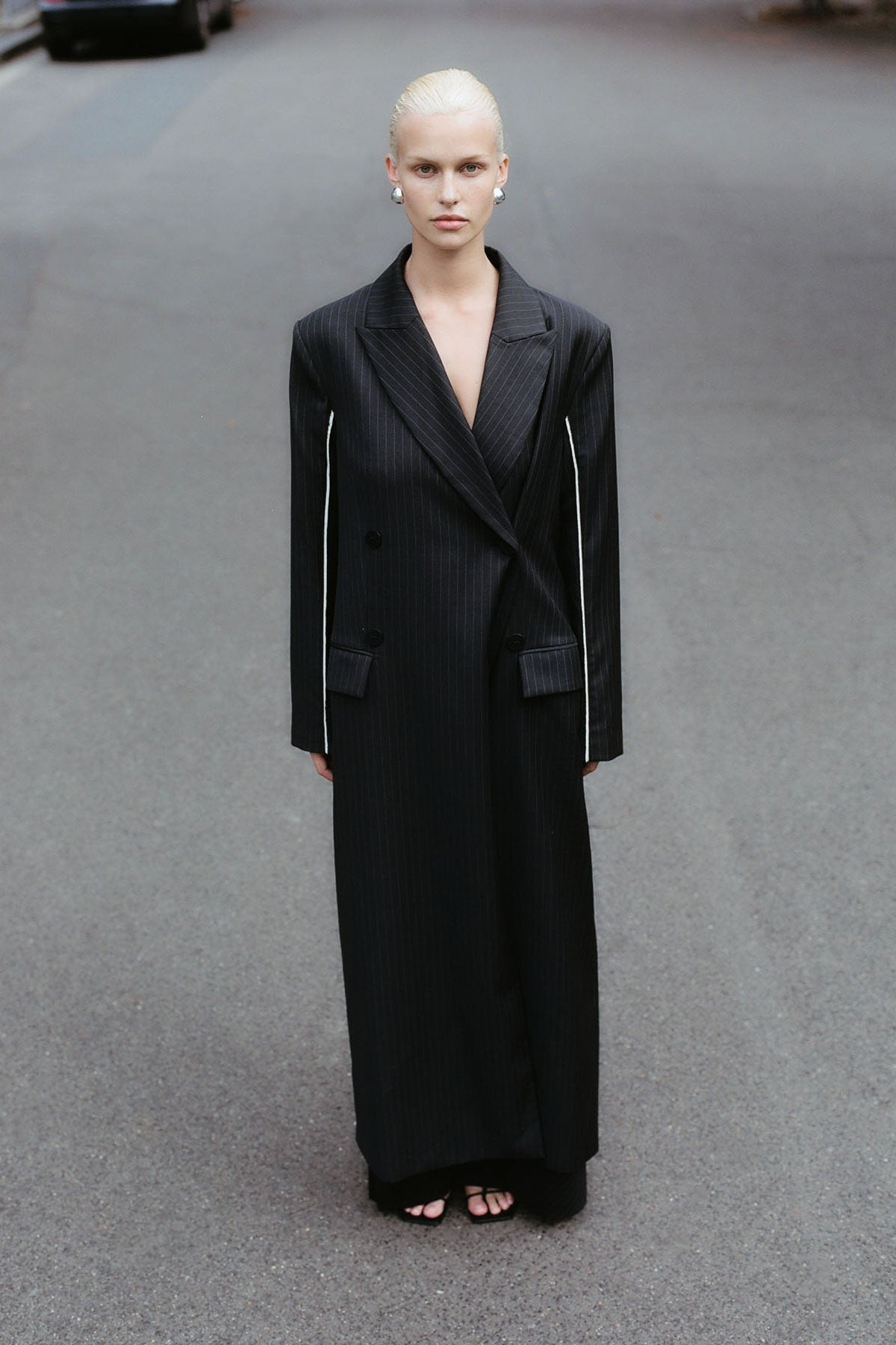 Pinstripe Maxi Coat - Black - 8