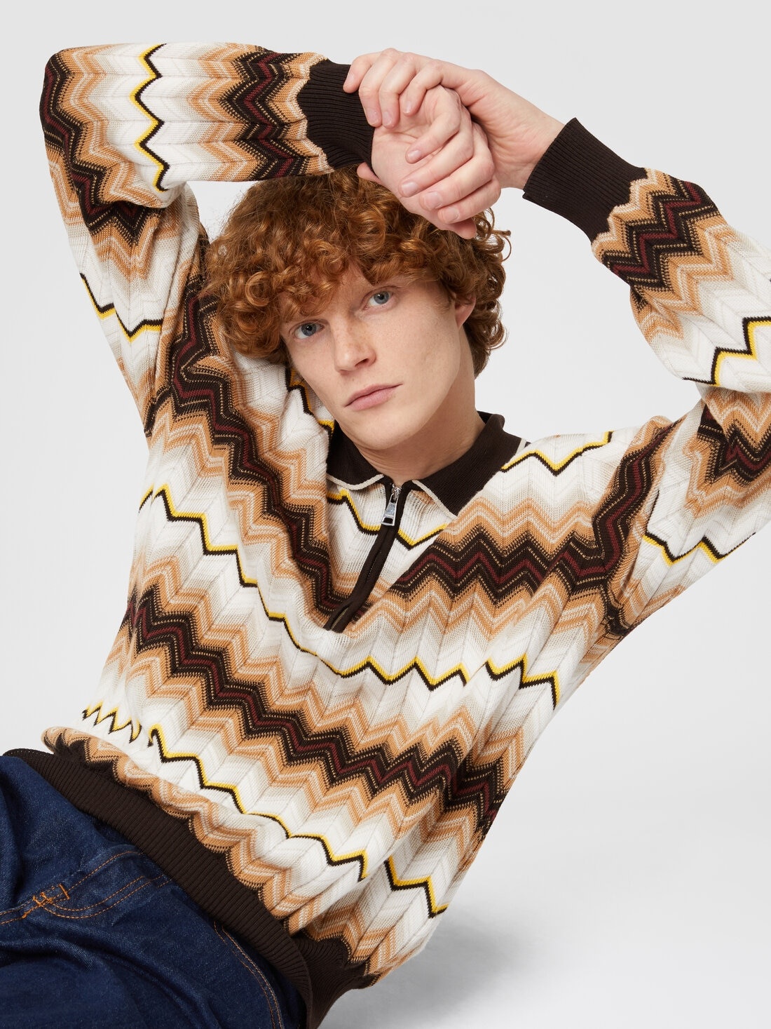 Long-sleeved polo shirt in wool and zigzag cotton - 4