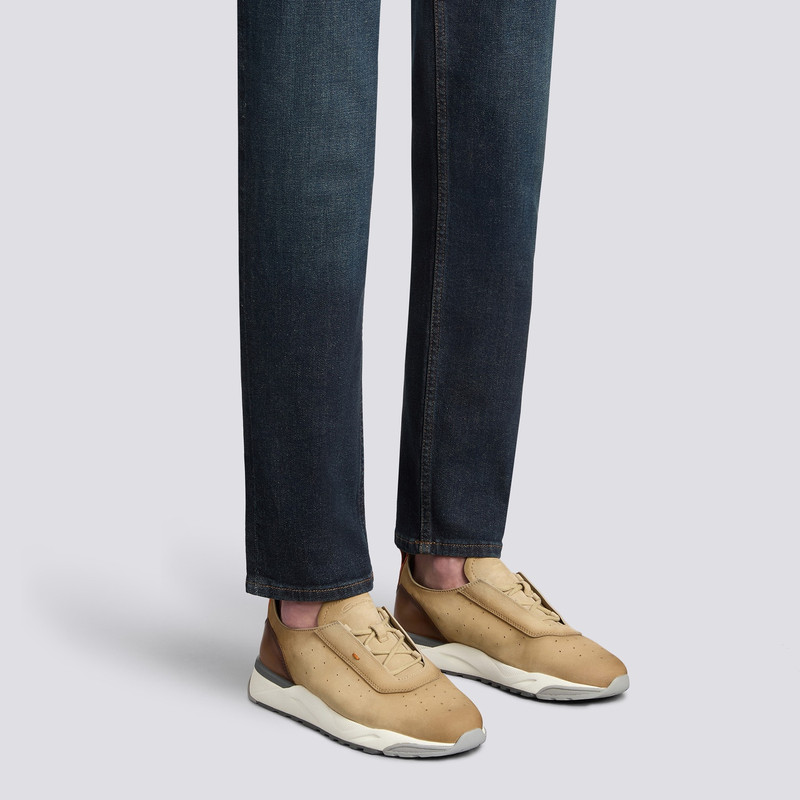 Santoni Men's light brown nubuck and leather sneaker outlook