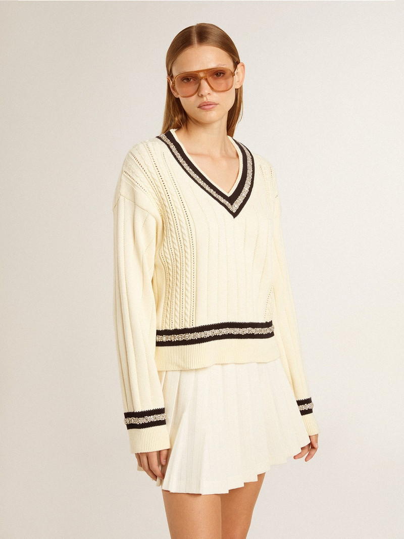Golden Goose Women's cable-pattern cropped sweater with blue ribbing and crystals outlook