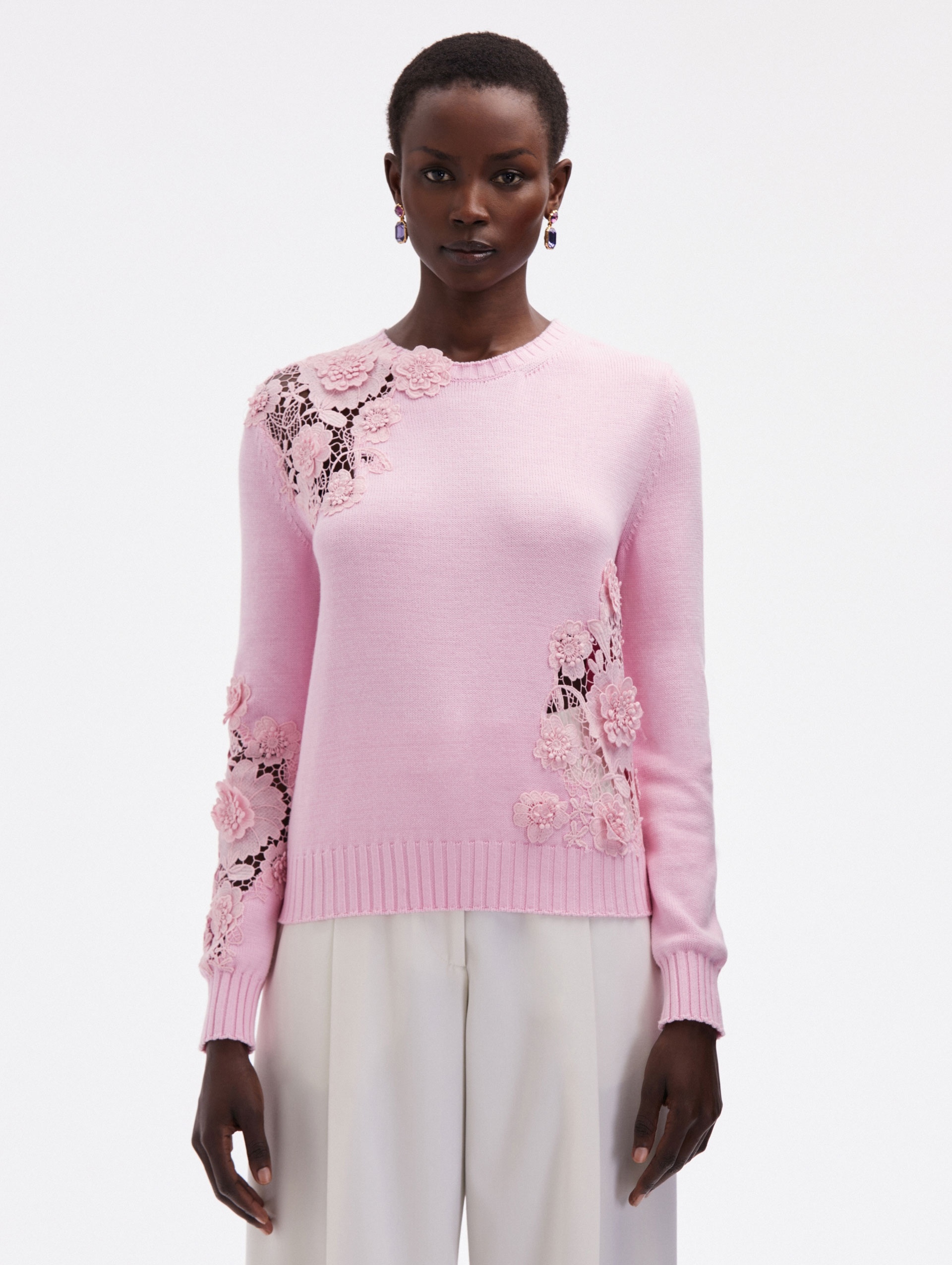 FLORAL GUIPURE INSET PULLOVER - 1