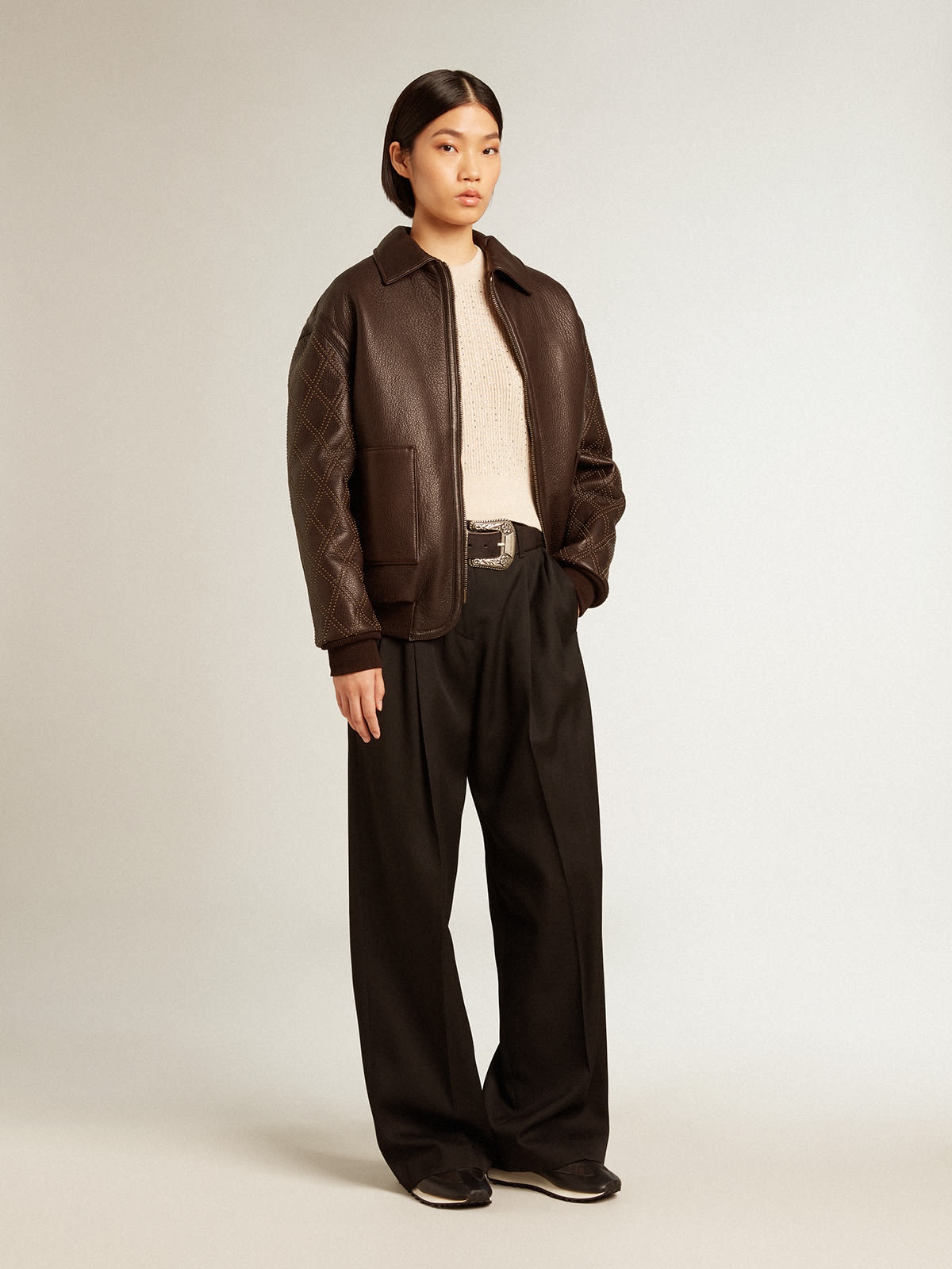 Brown nappa leather jacket with studded sleeves - 3