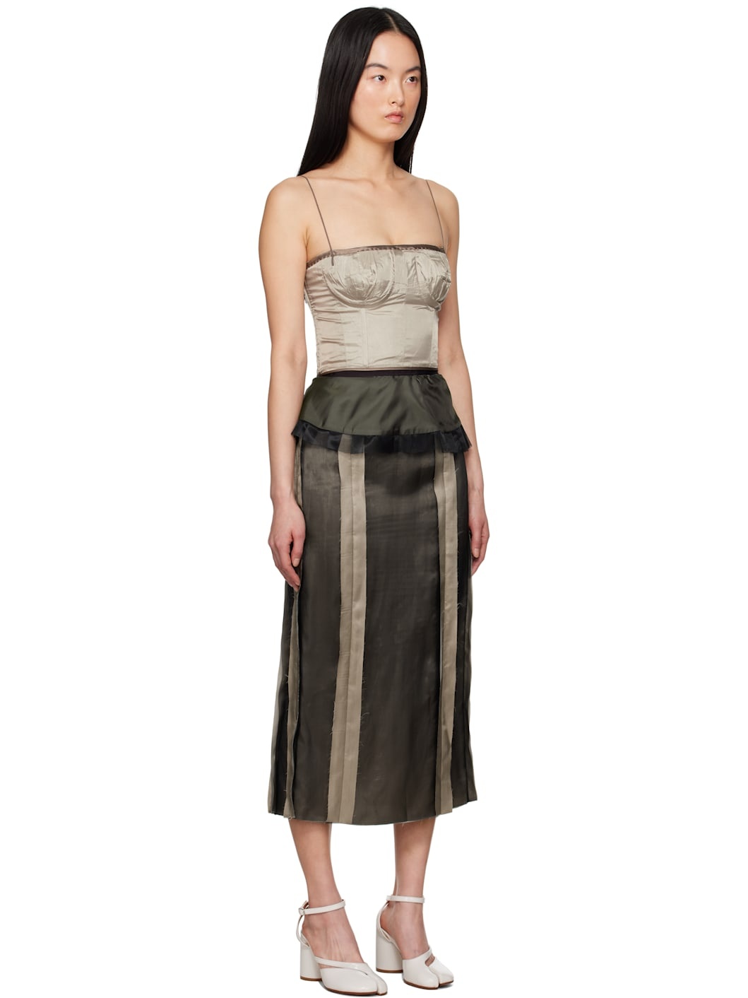 Khaki & Black Lined Silk Midi Dress - 2