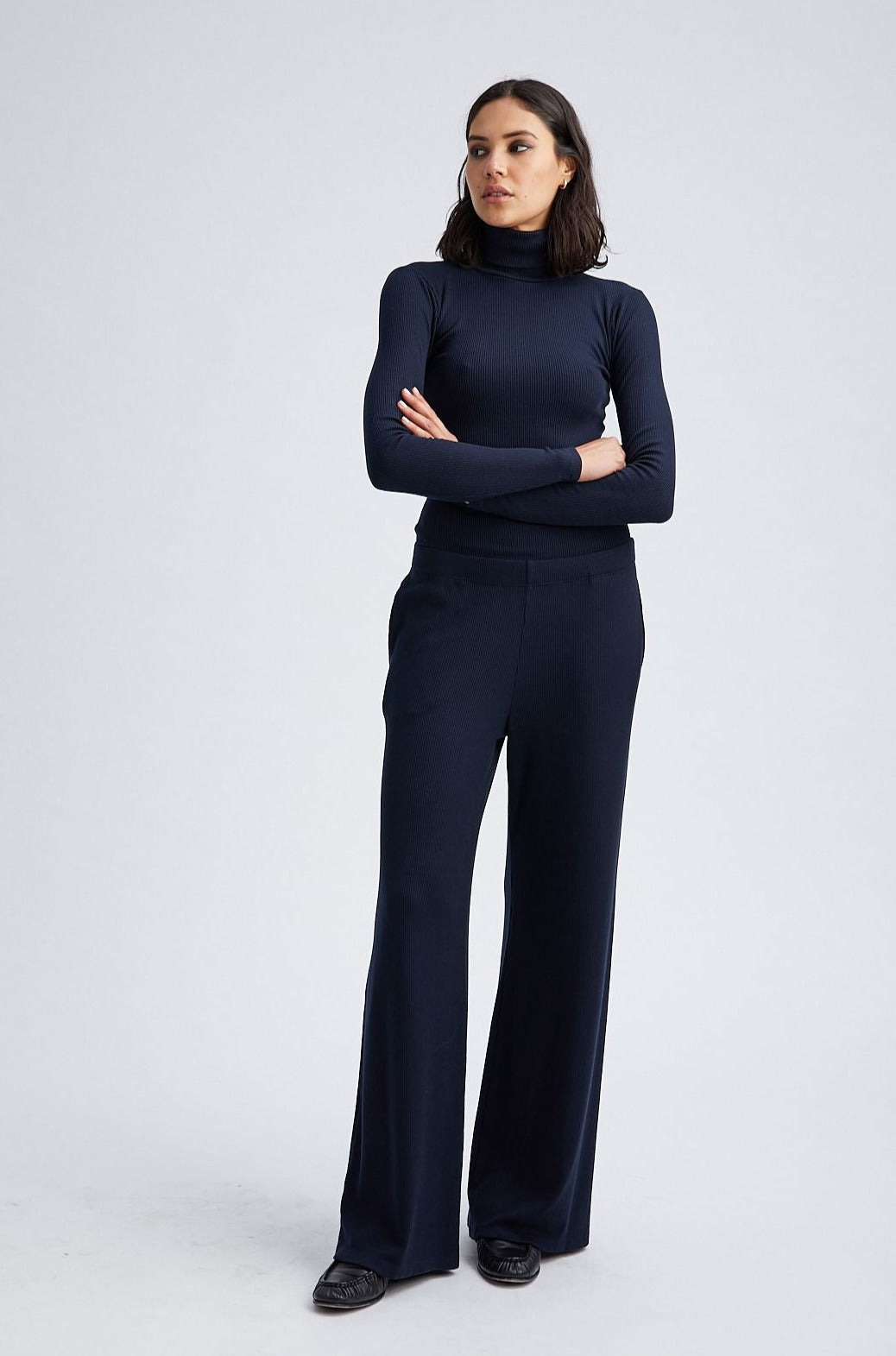 NAVY RIB WIDE LEG PANTS - 2