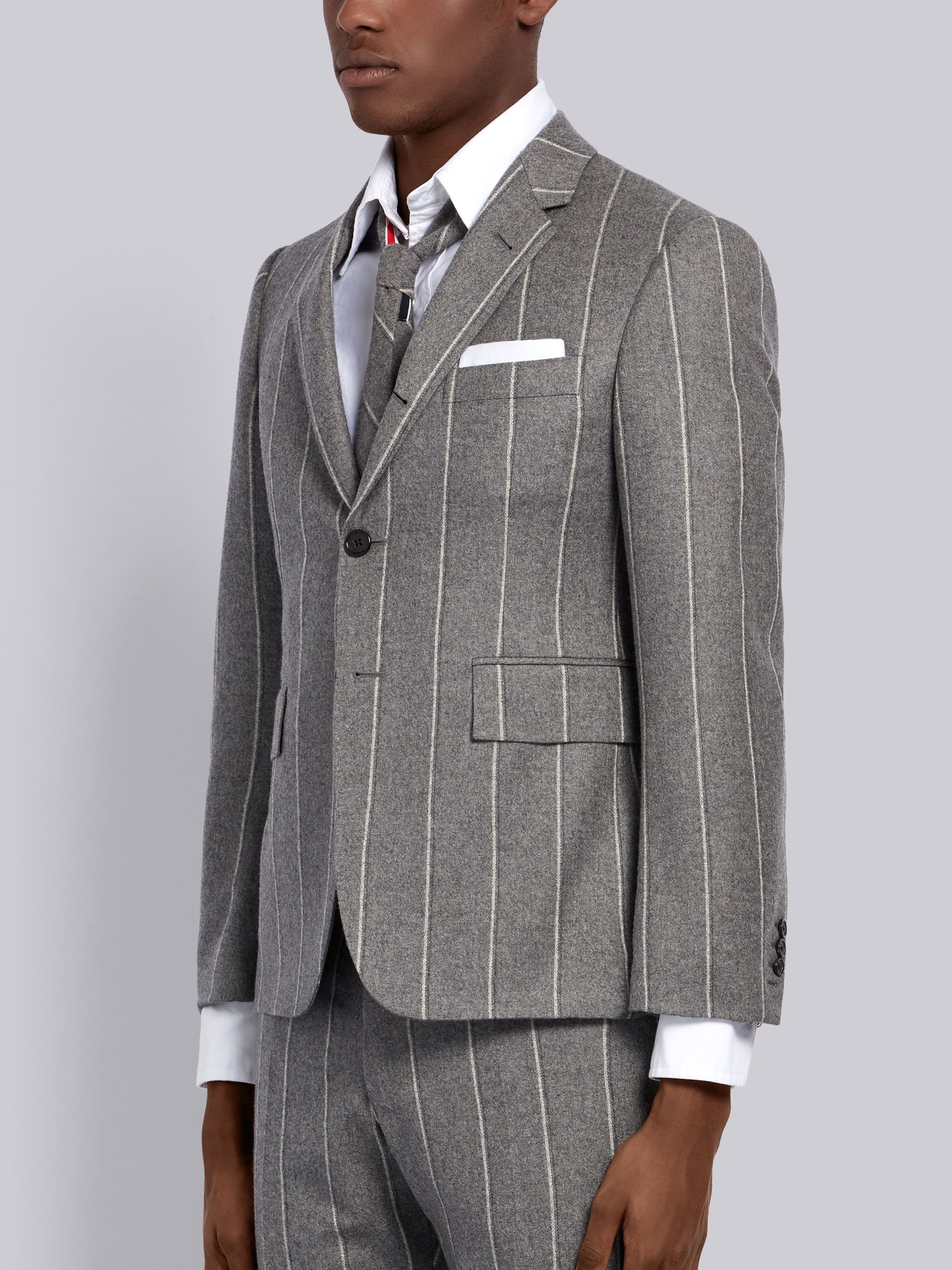 Medium Grey Shadow Stripe Wool Single Breasted Classic Sport Coat - 2