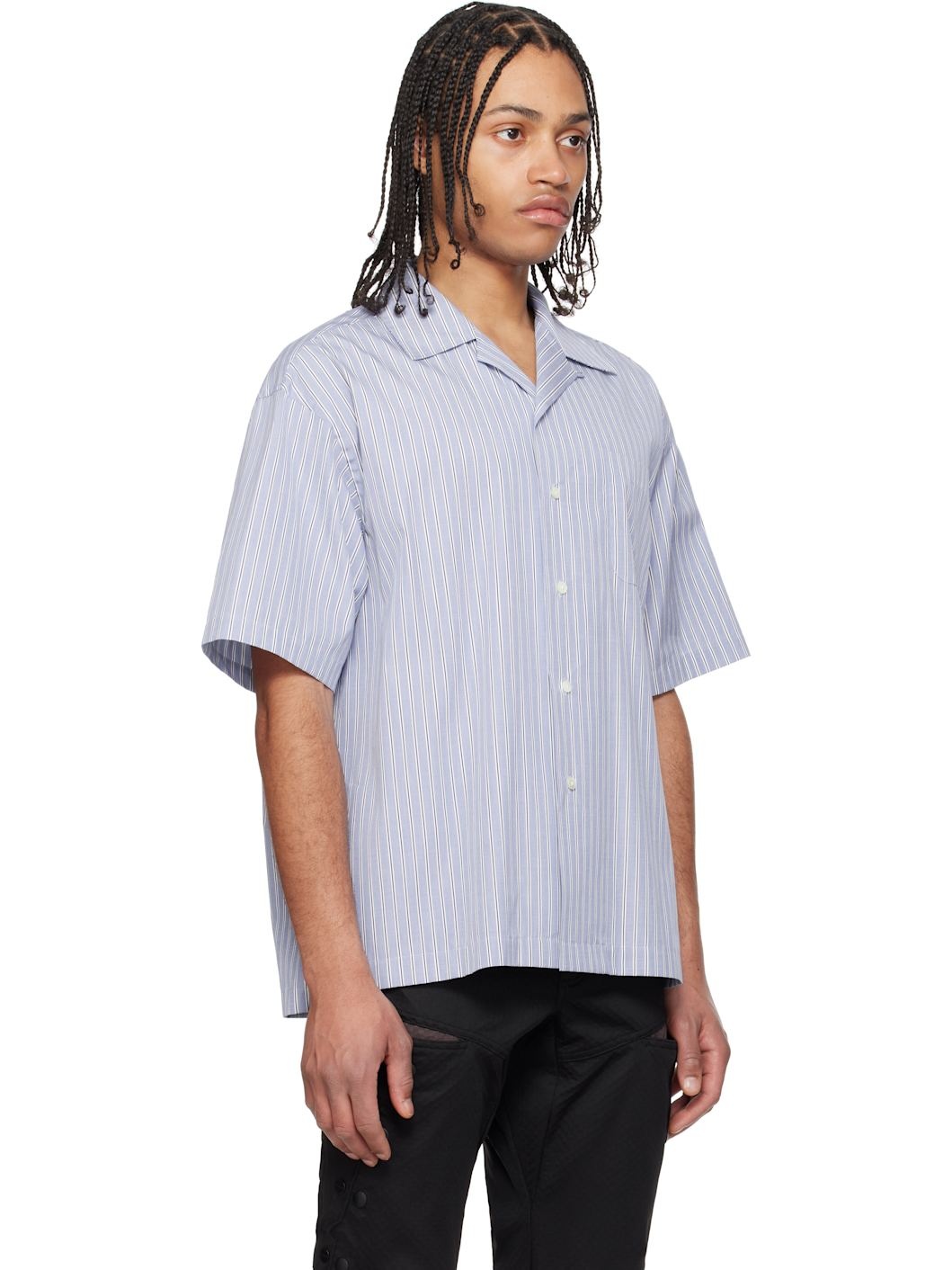 Blue Side Vents Op Collar Striped Shirt - 2