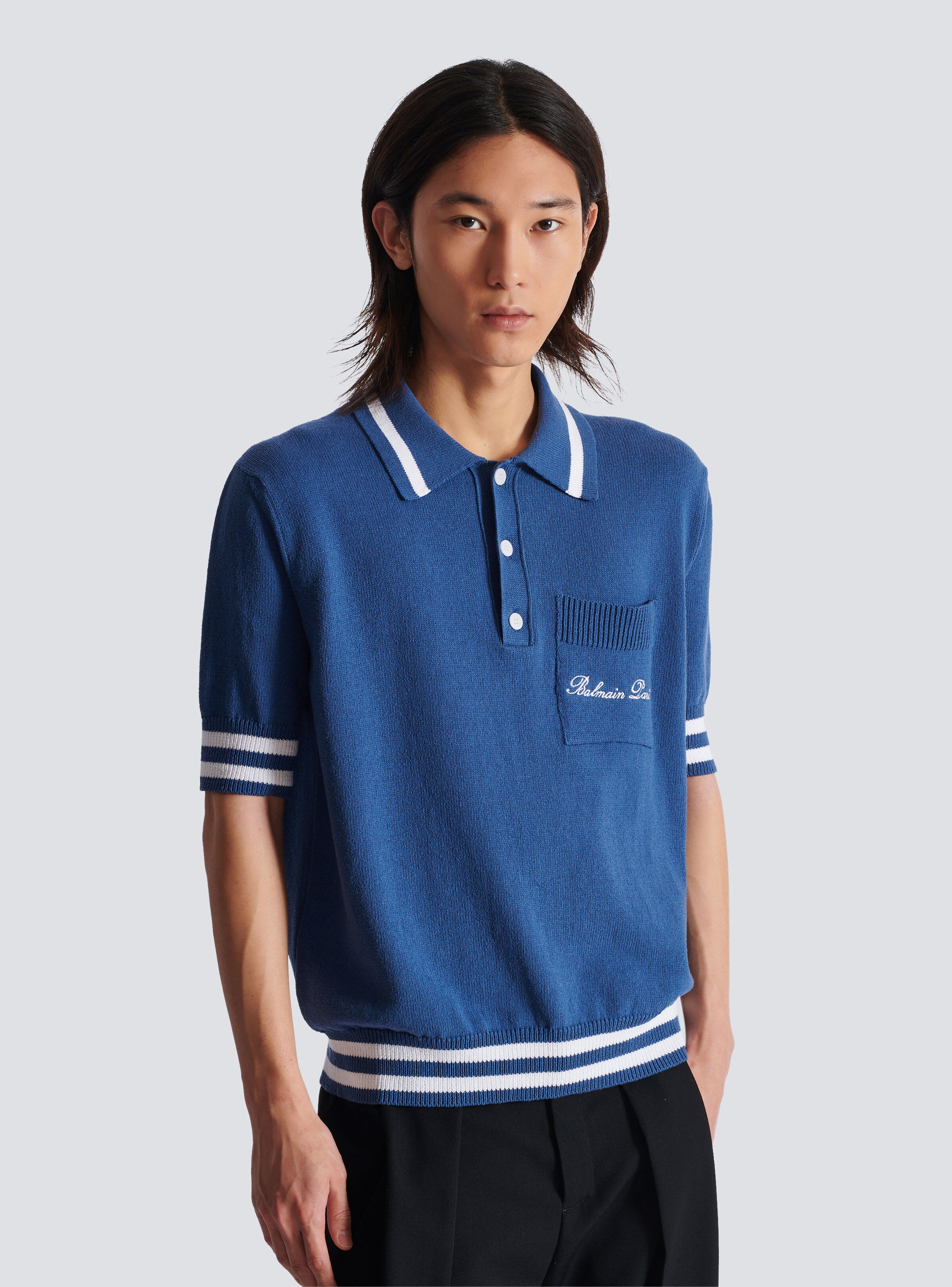 Cotton-linen polo shirt with Balmain Signature embroidery - 6