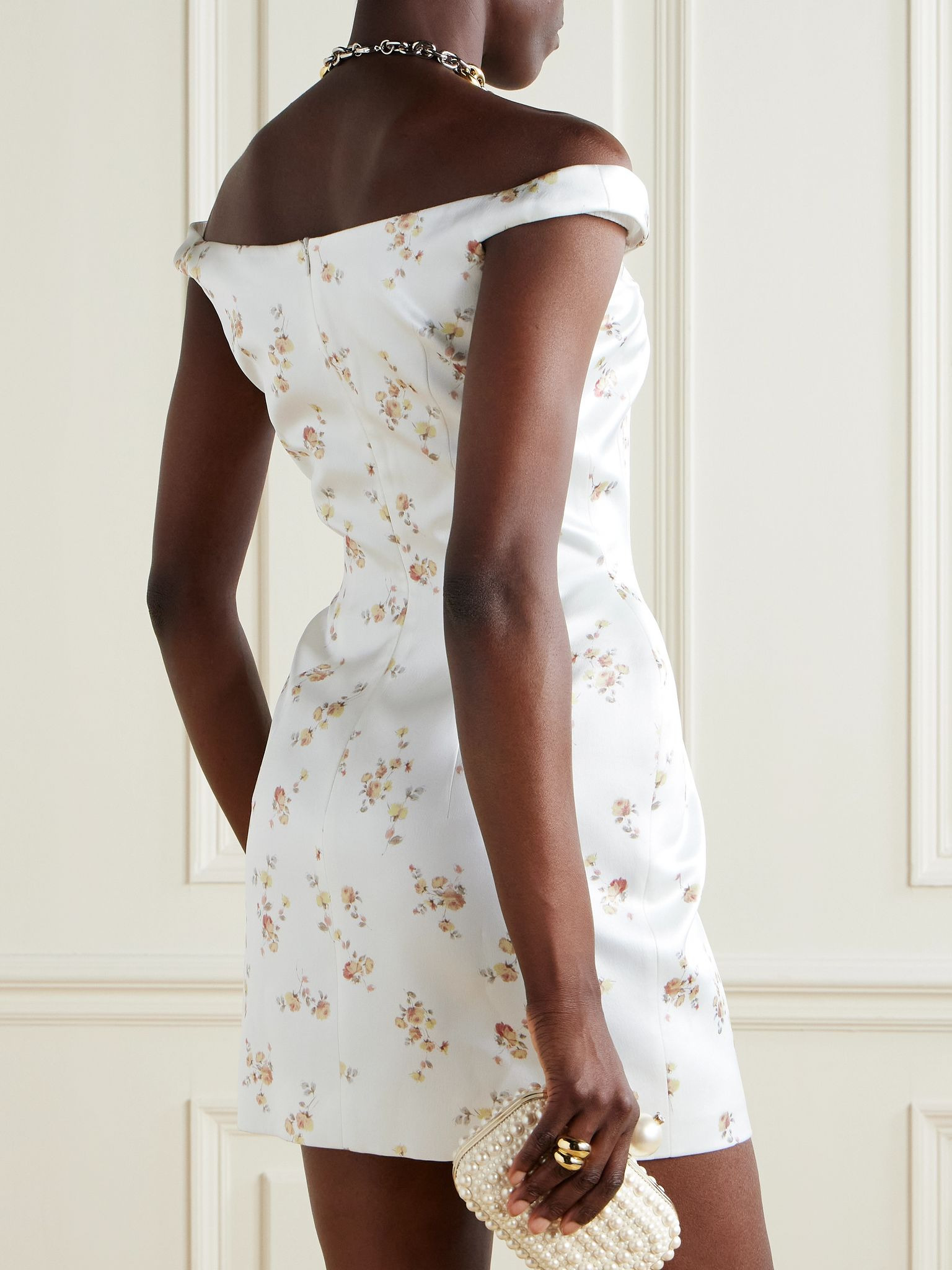 Off-the-shoulder floral-print silk mini dress Cream - 3