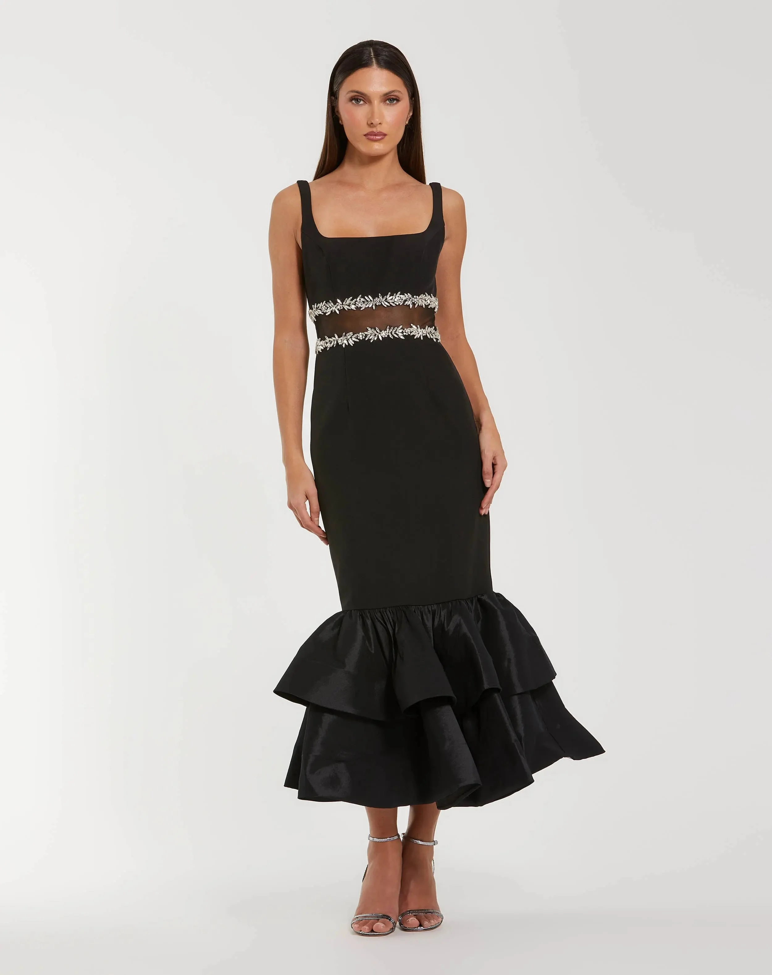 Black Crepe Ruffle Hem Midi Dress With Jewel Detail - 1