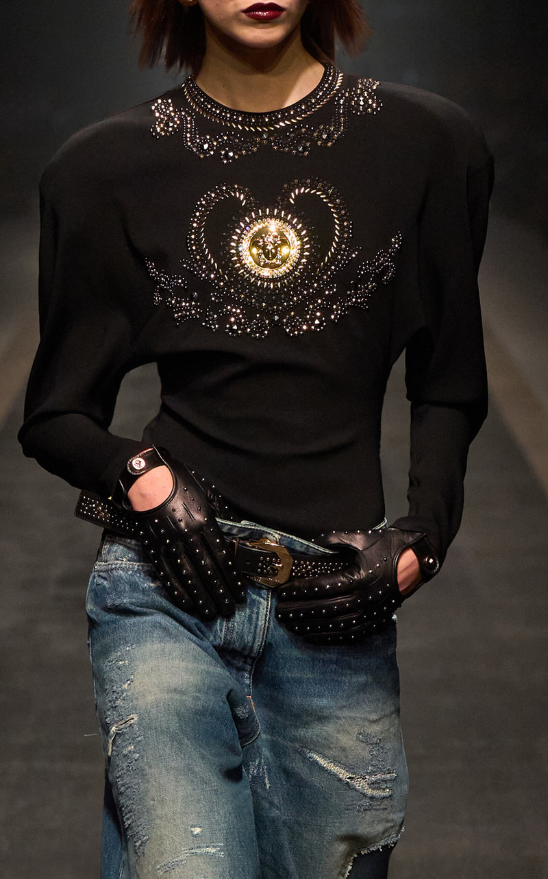 VERSACE Studded Leather Gloves black outlook