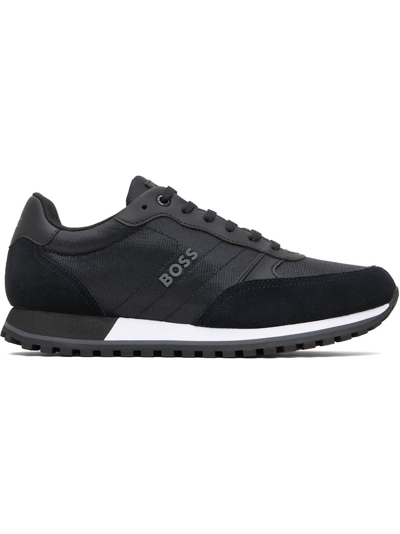 Black Runner-Inspired Faux-Leather Trim Sneakers 1