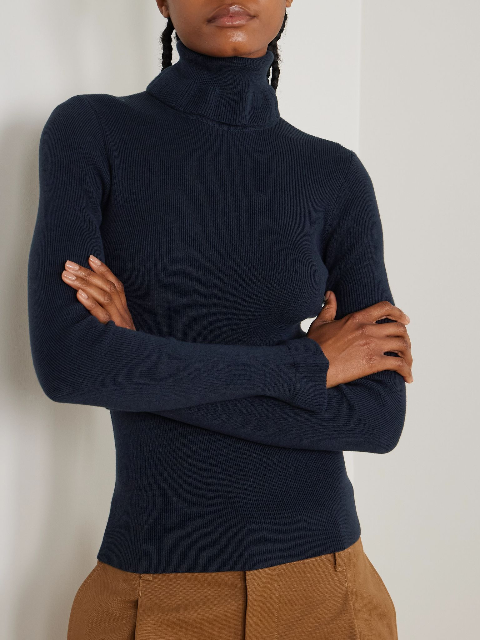 Logo-detailed ribbed cotton and wool-blend turtleneck sweater Navy - 3