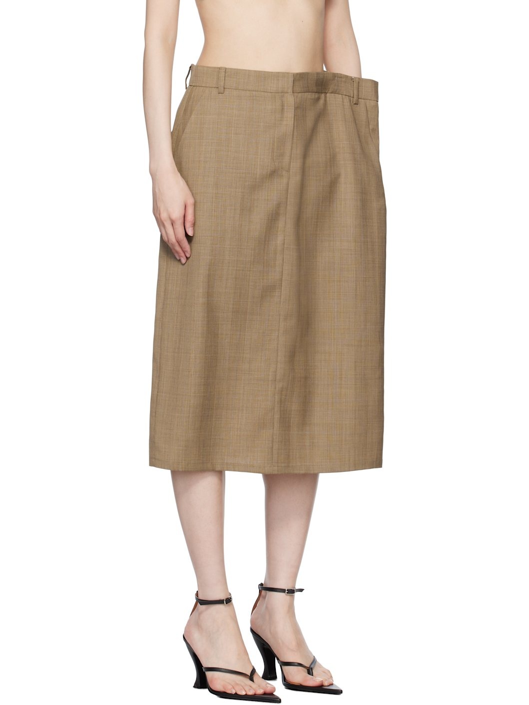 Beige Side Folded H Line Midi Skirt - 2