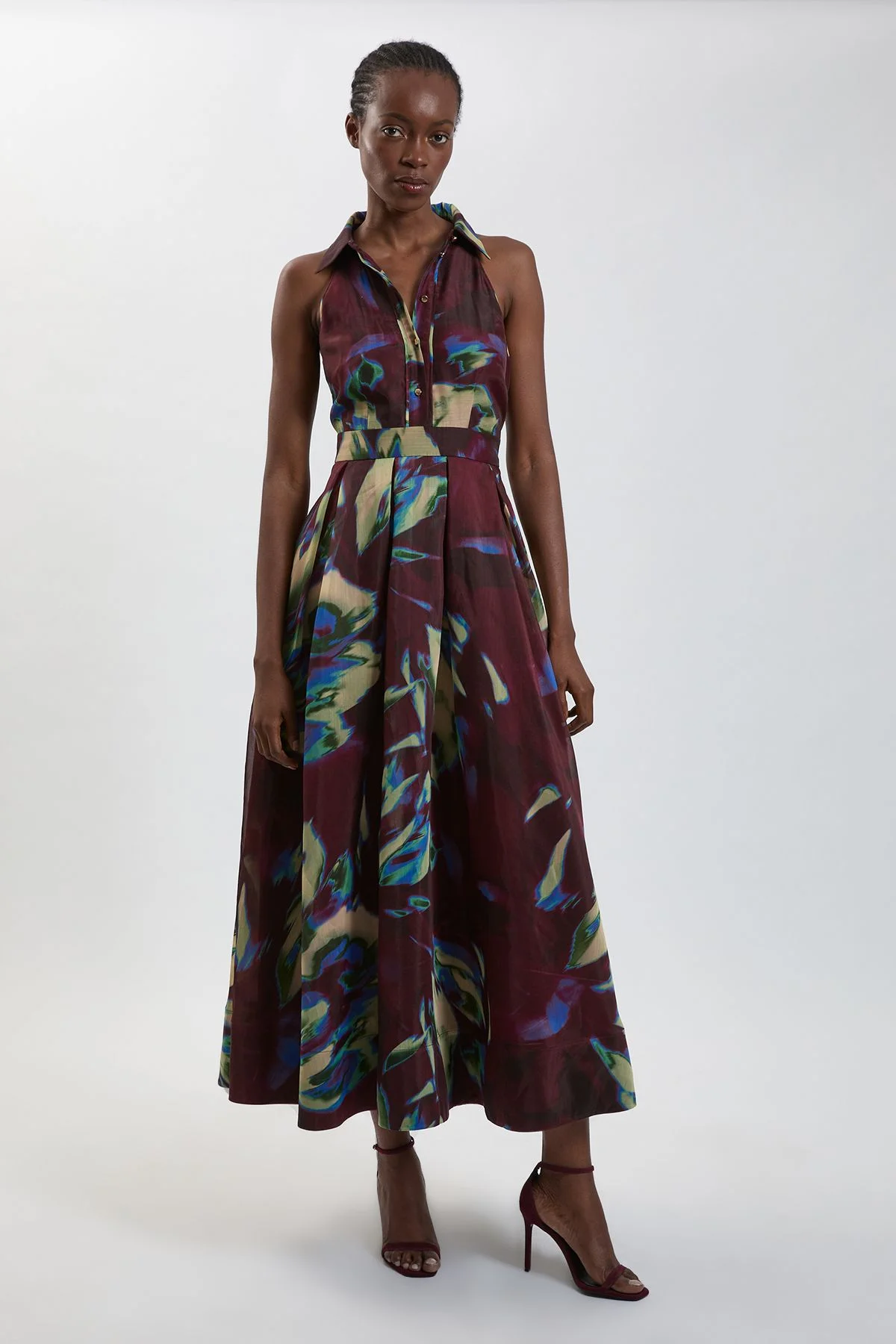 Petite Abstract Print Organza Collared Maxi Dress - 1