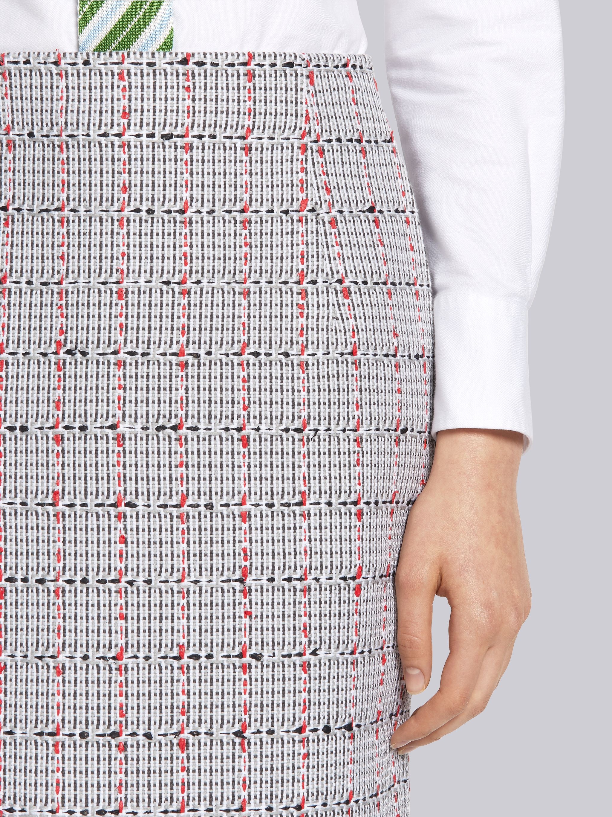 Medium Grey Cotton Windowpane University Check Tweed Frayed Low Rise Knee Pencil Skirt - 5
