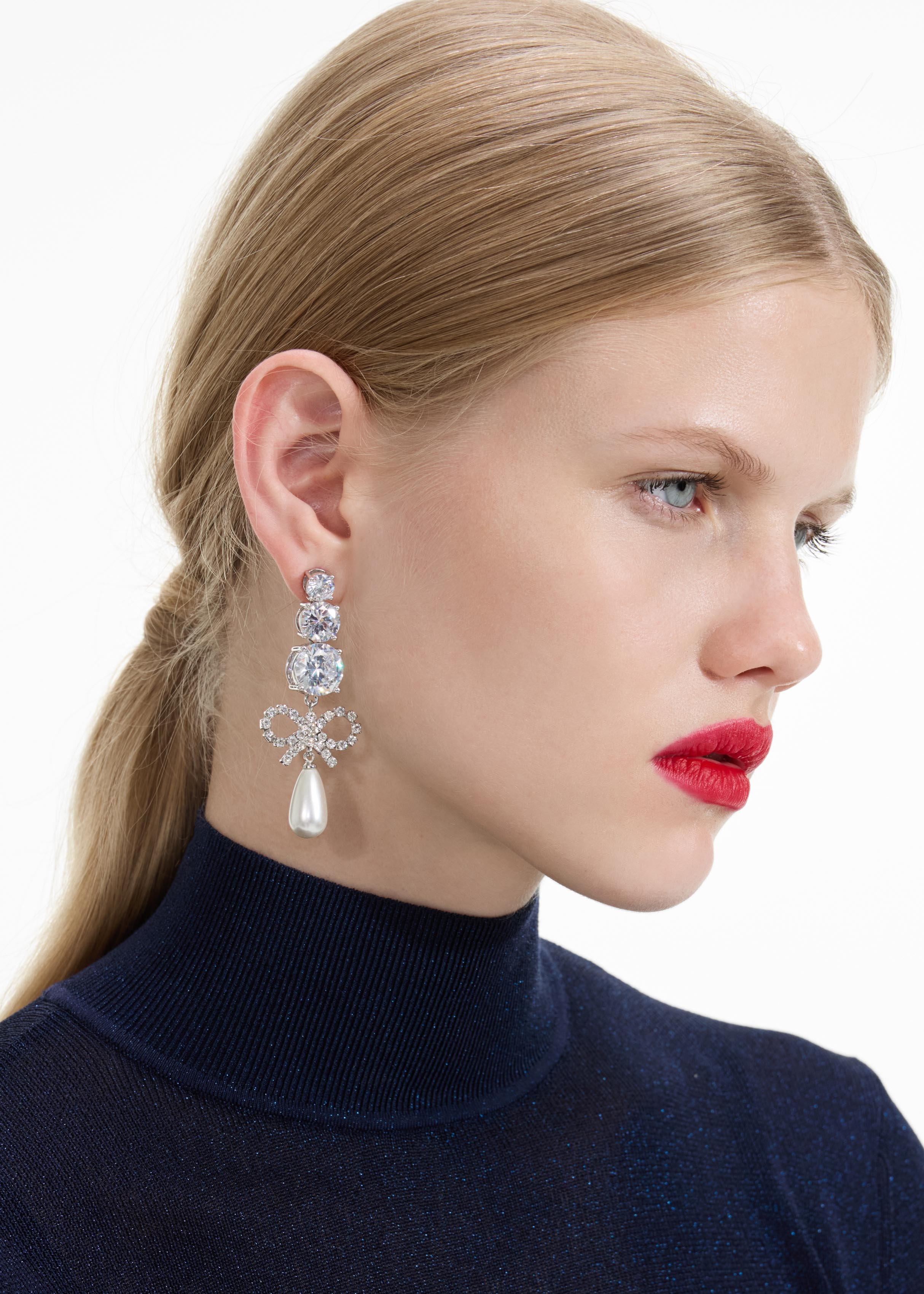 Crystal Bow Pearl Earrings - 3