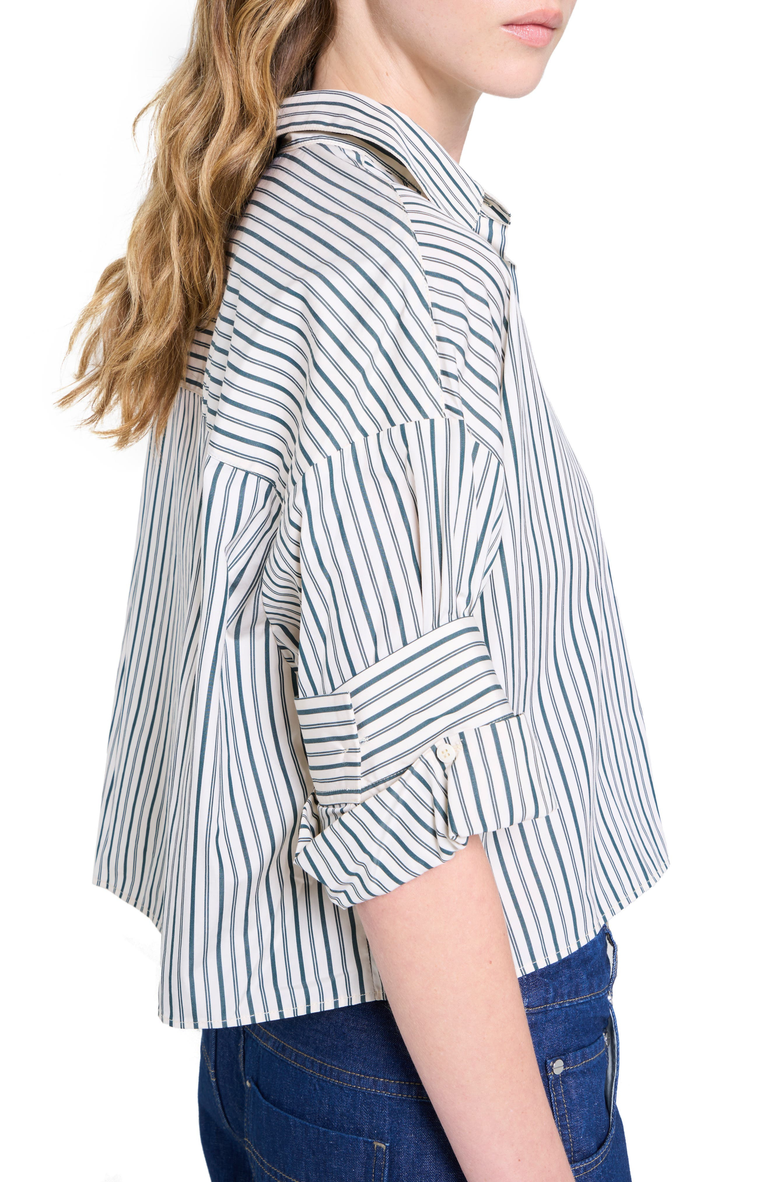 TWP Next Ex Stripe Crop Cotton Button-Up Shirt in Ivory/Cilantro at Nordstrom - 4