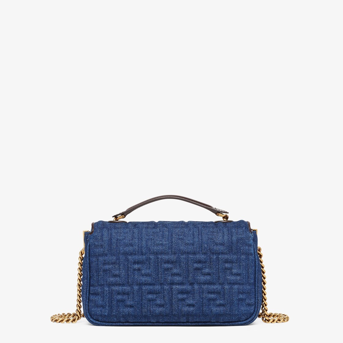Iconic medium Baguette bag with chain, made of dark blue denim with a 3D texture FF motif. Decorated - 3