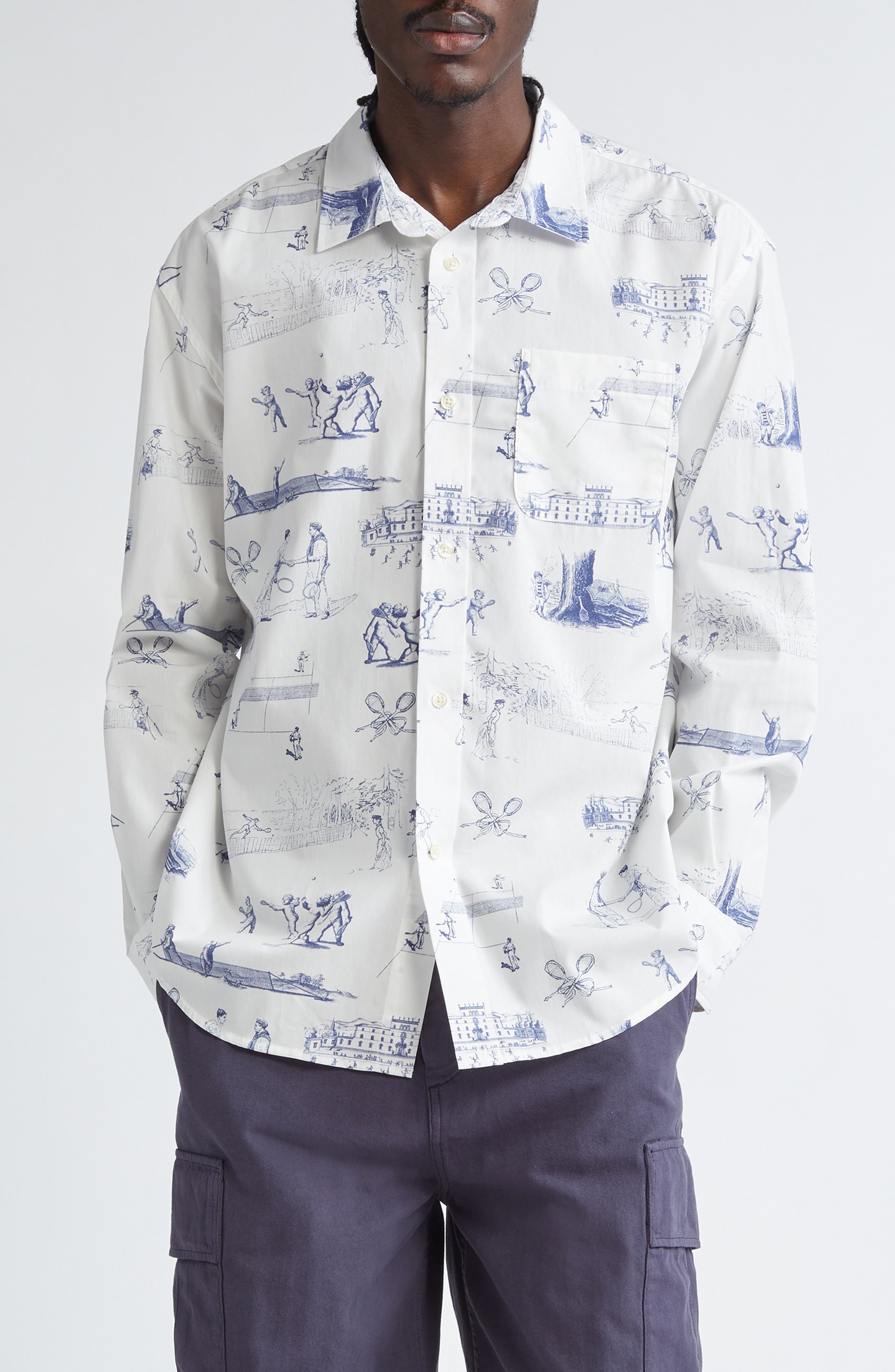 PALMES Tennis Print Cotton Poplin Button-Up Shirt in White at Nordstrom - 1