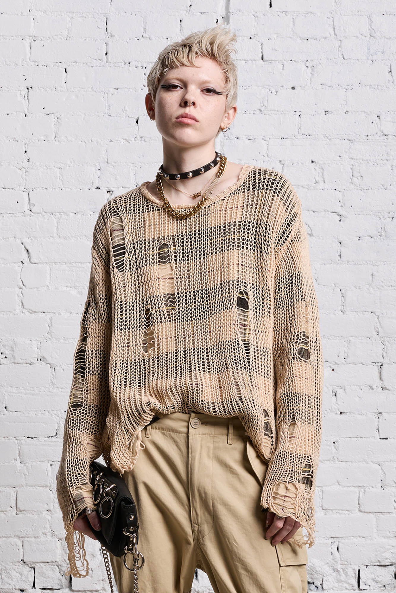 RELAXED OVERLAY CREWNECK - CREAM AND BLACK PLAID - 2