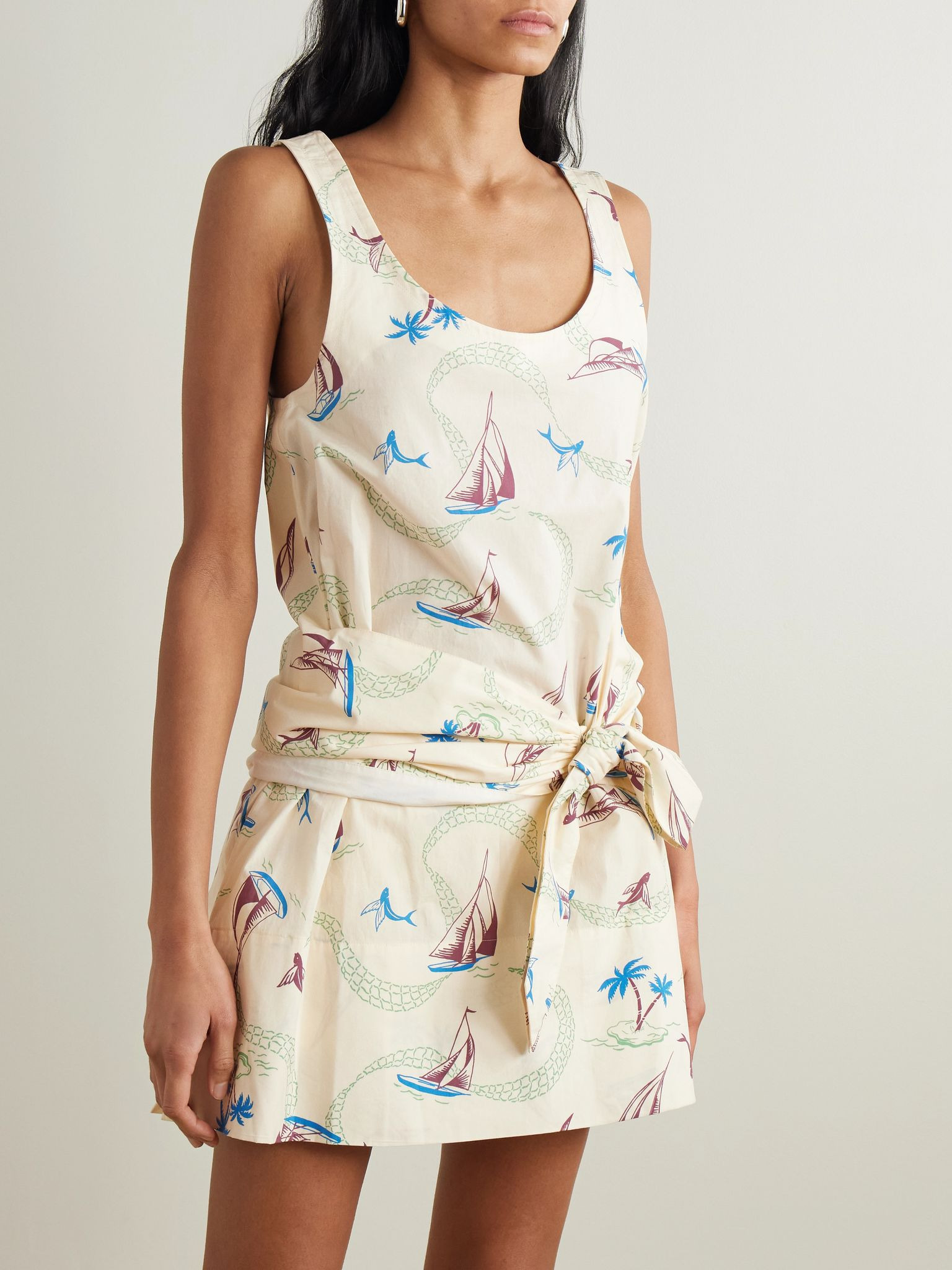 Bow-detailed printed cotton mini dress Cream - 3