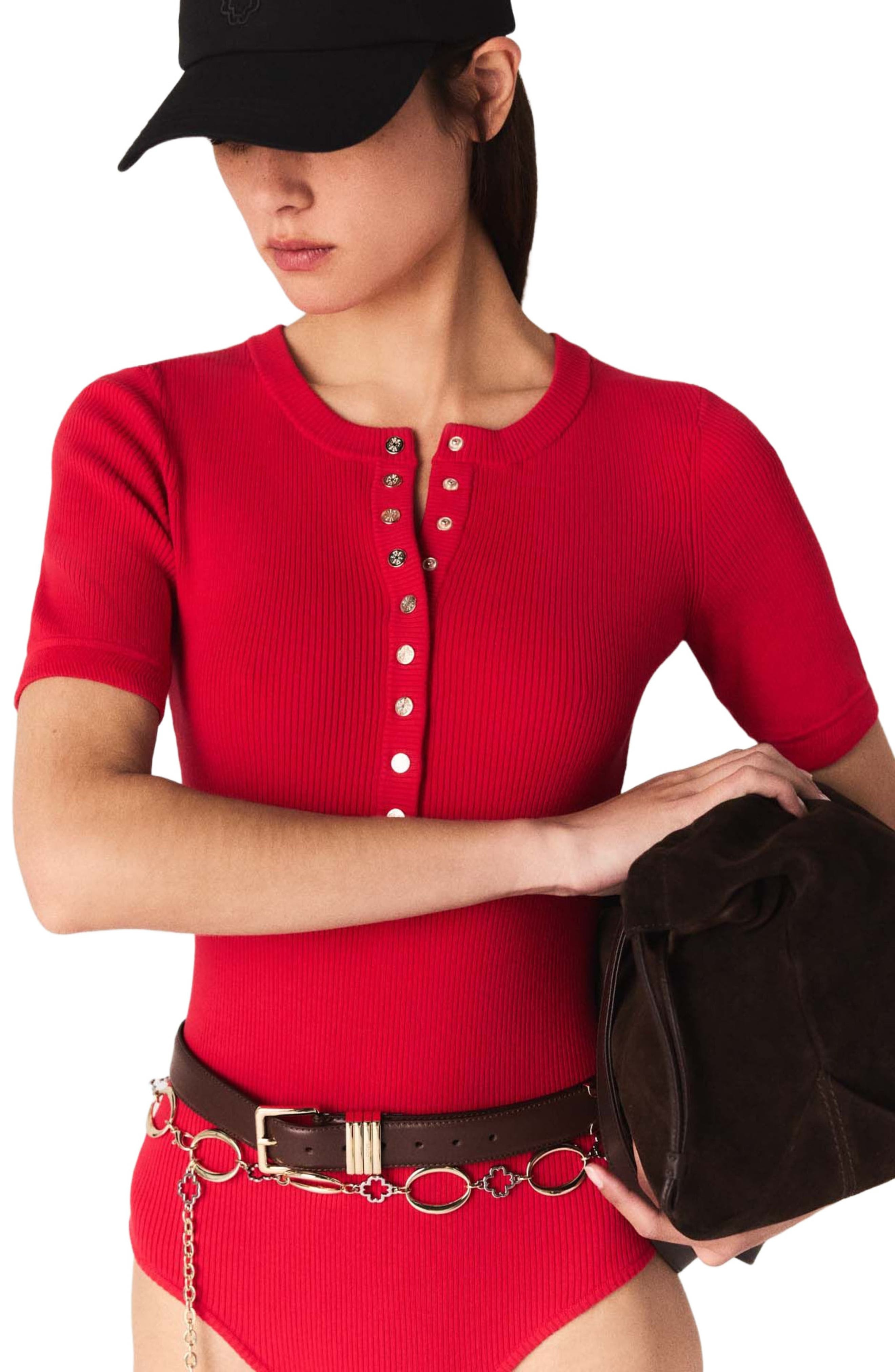 maje Ribbed knit sleeve bodysuit in Red at Nordstrom - 5