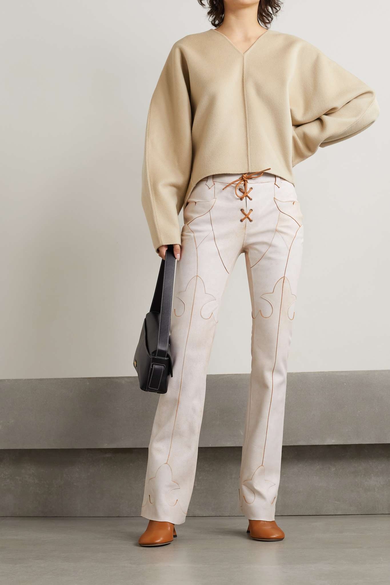 Lace-up paneled cracked-leather straight-leg pants - 2