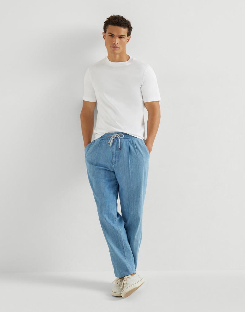 Lightweight denim trousers with drawstring and double pleats 5